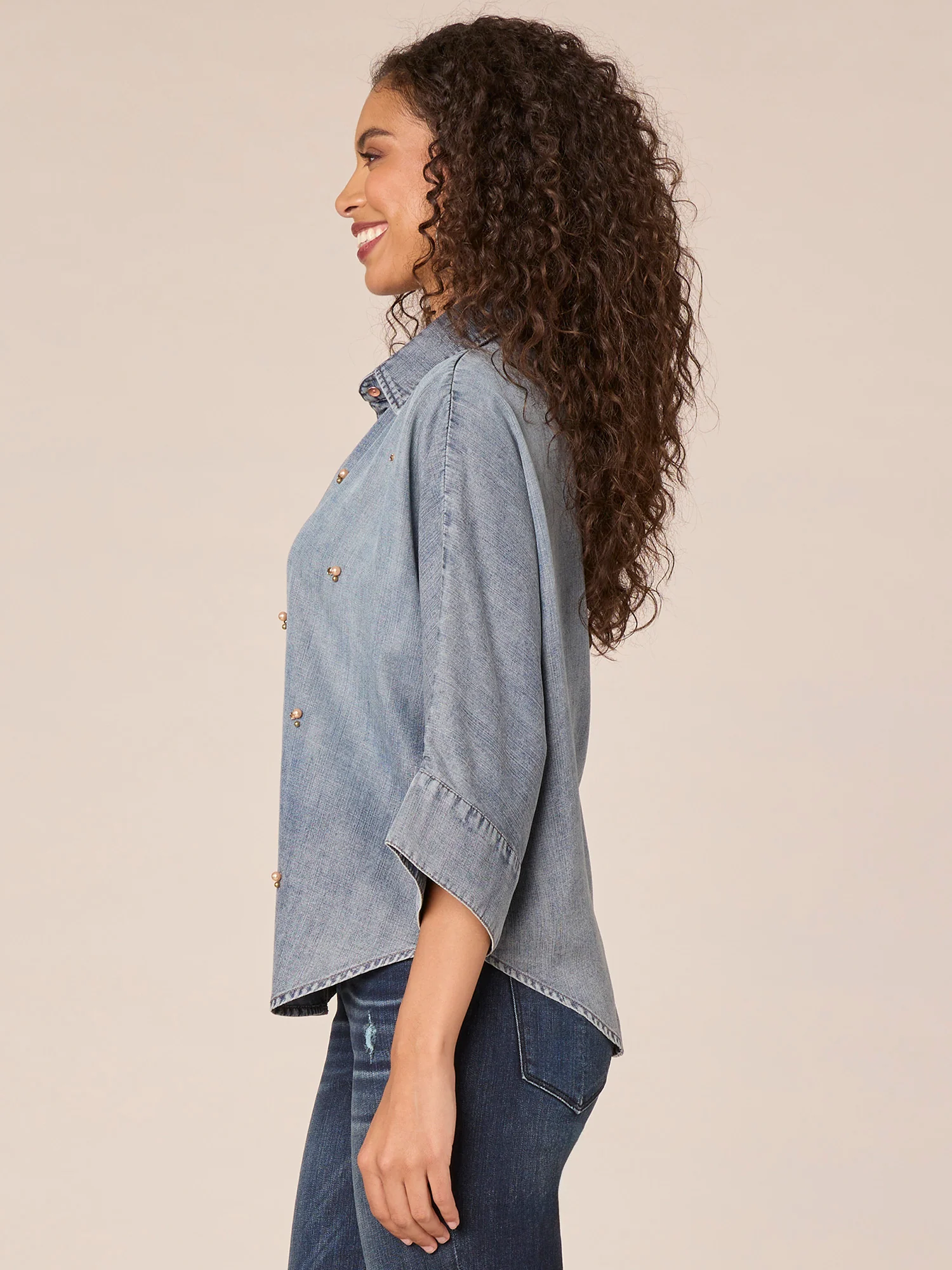 Three Quarter Raglan Sleeve Button Front Beaded Hi-Low Knit Top - Legahigh