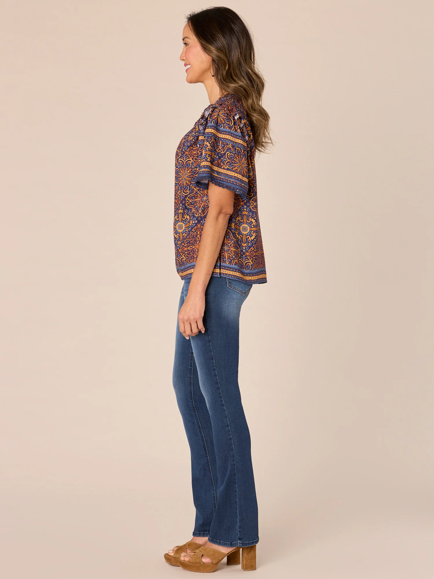 Pleated Short Sleeve Stand Collar Border Print Woven Top - Legahigh