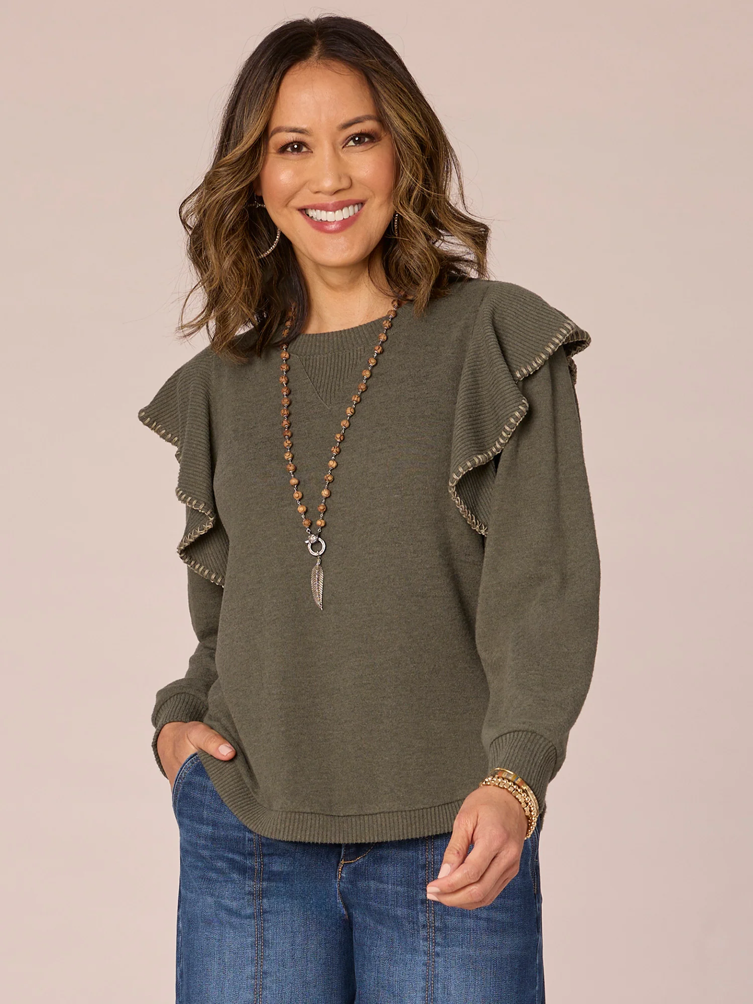 Long Banded Sleeve Scoop Neck V-Placket Embroidered Ruffle Knit Top - Legahigh