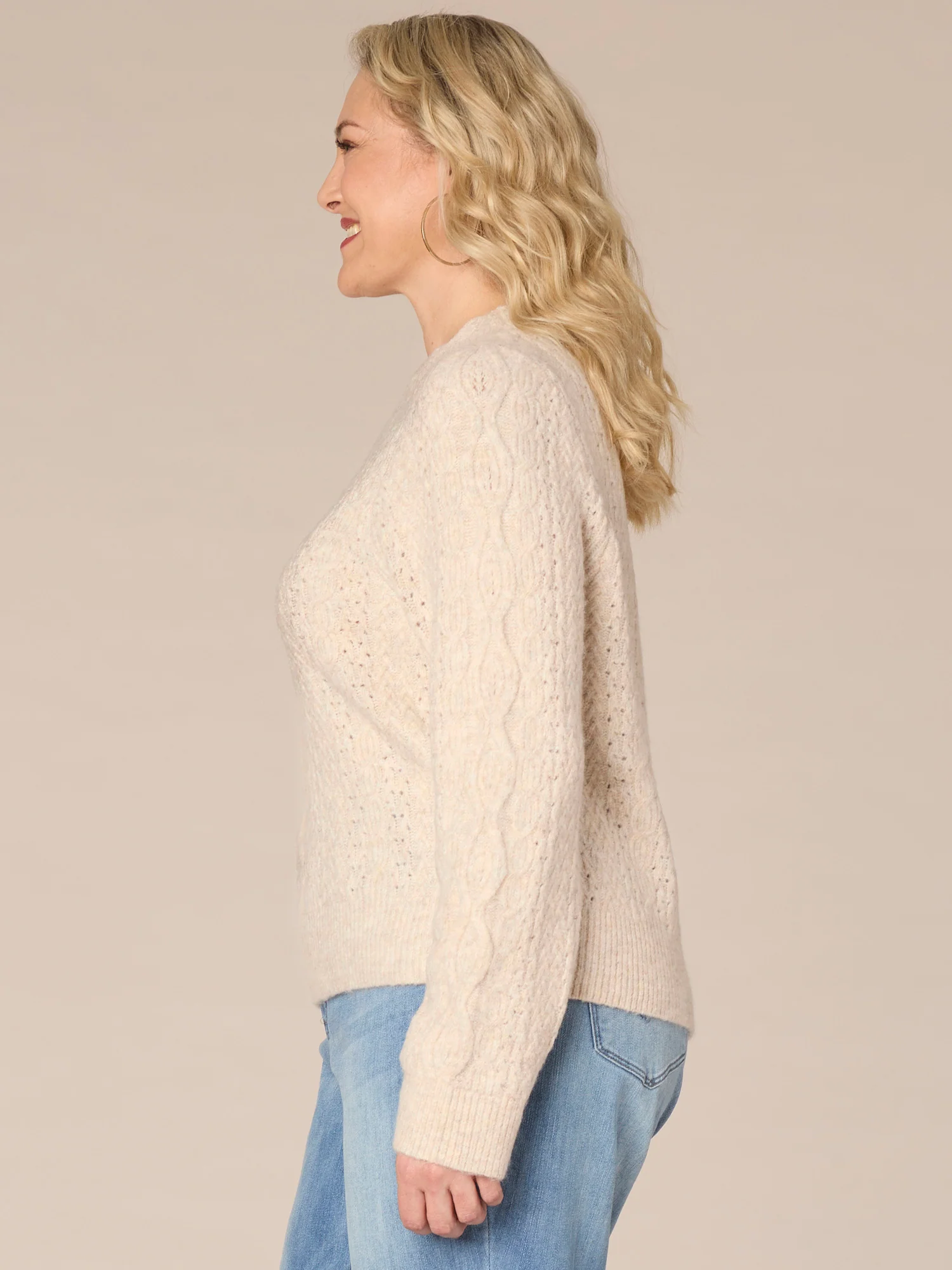 Long Sleeve Scallop Edge Round Neck Plus Size Pointelle Sweater - Legahigh