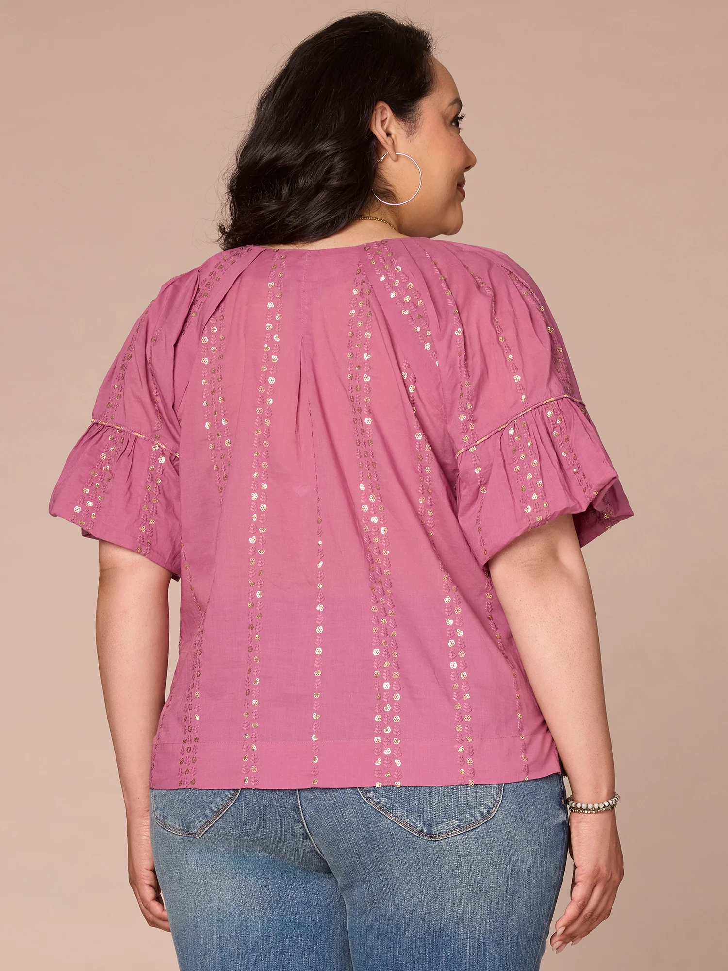 Short Banded Bubble Sleeve V-Neck Plus Size Woven Top with Embroidery - Legahigh
