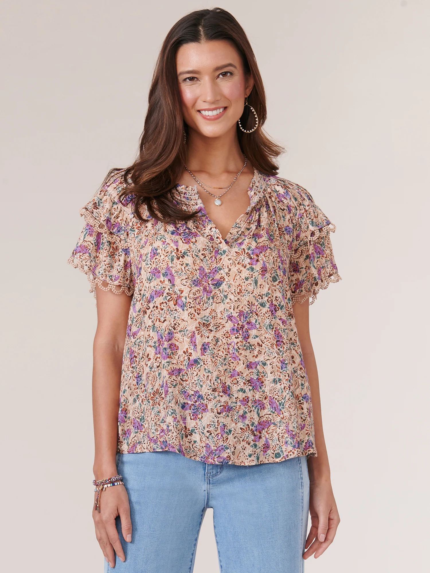 Short Double Flounce Sleeve Smock Neck Printed Woven Top - Legahigh