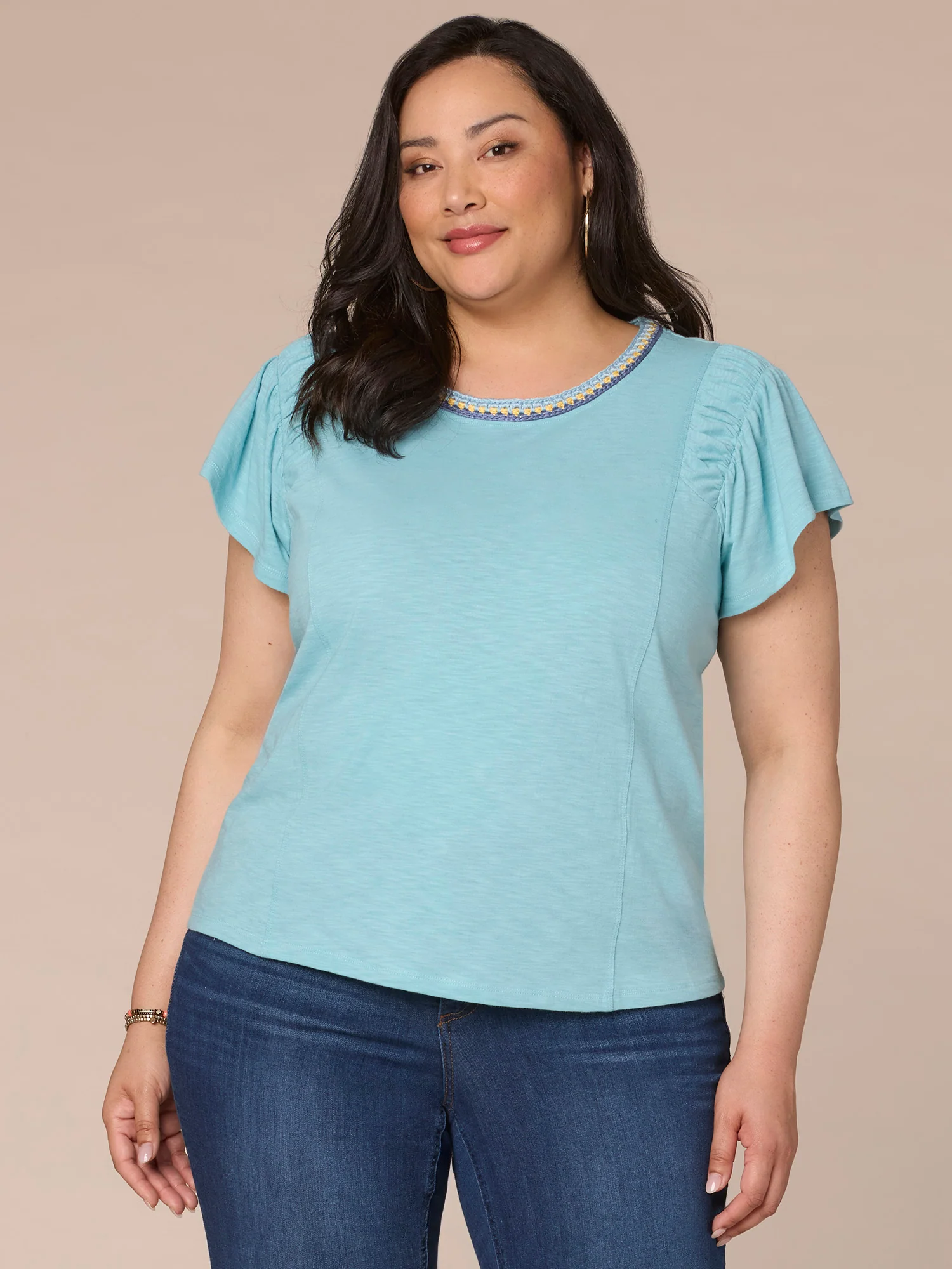 Short Ruched Sleeve Crochet Scoop Neck Plus Size Knit Top - Legahigh