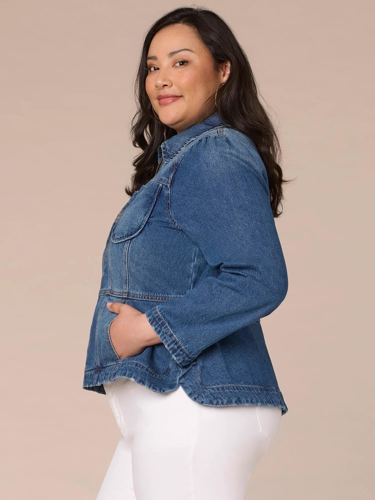 Long Sleeve Zip Front Curved Peplum Hem Plus Size Denim Jacket - Legahigh