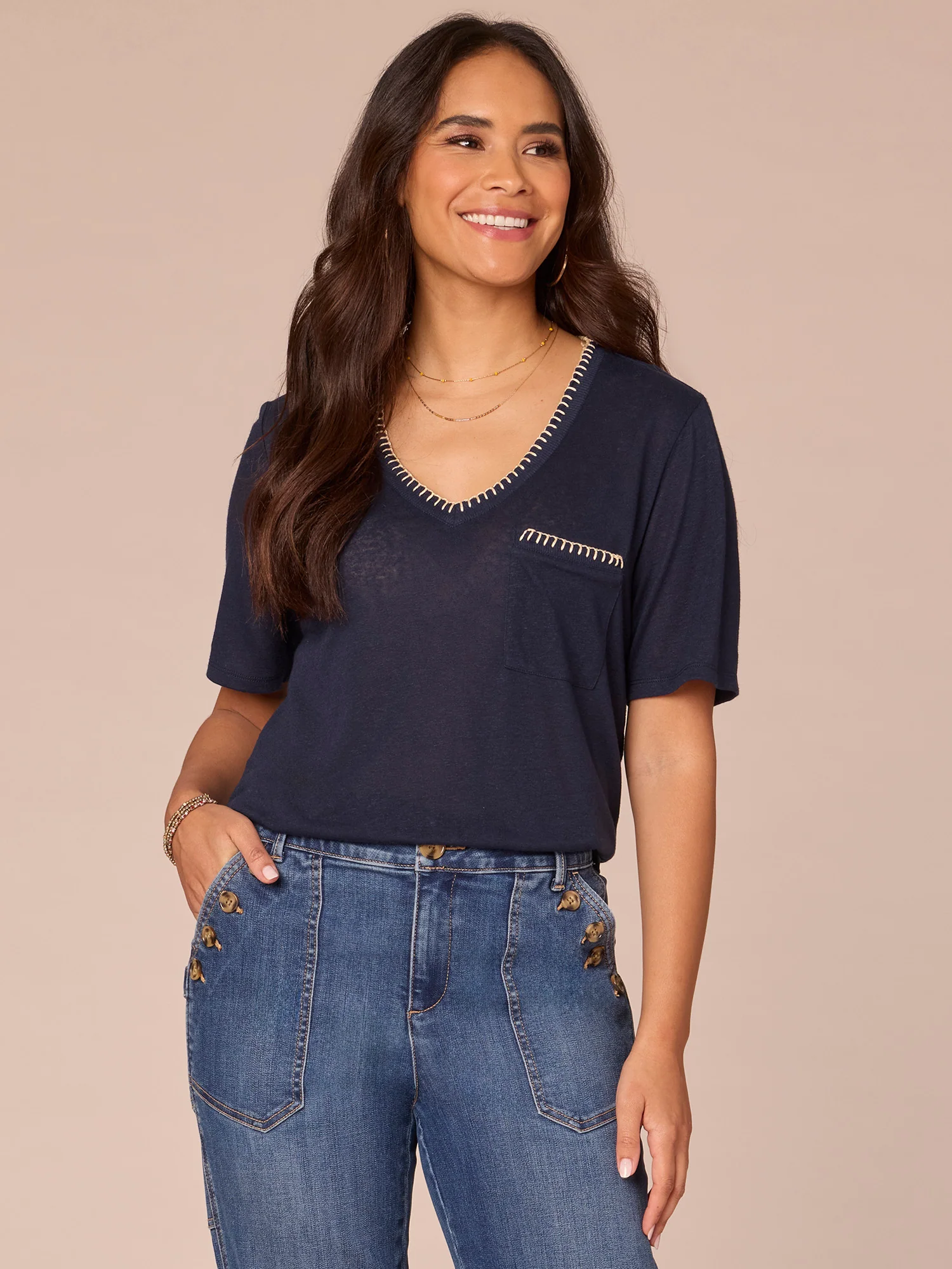 Short Sleeve V-Neck Contrast Blanket Stitch Pocket Knit Top - Legahigh