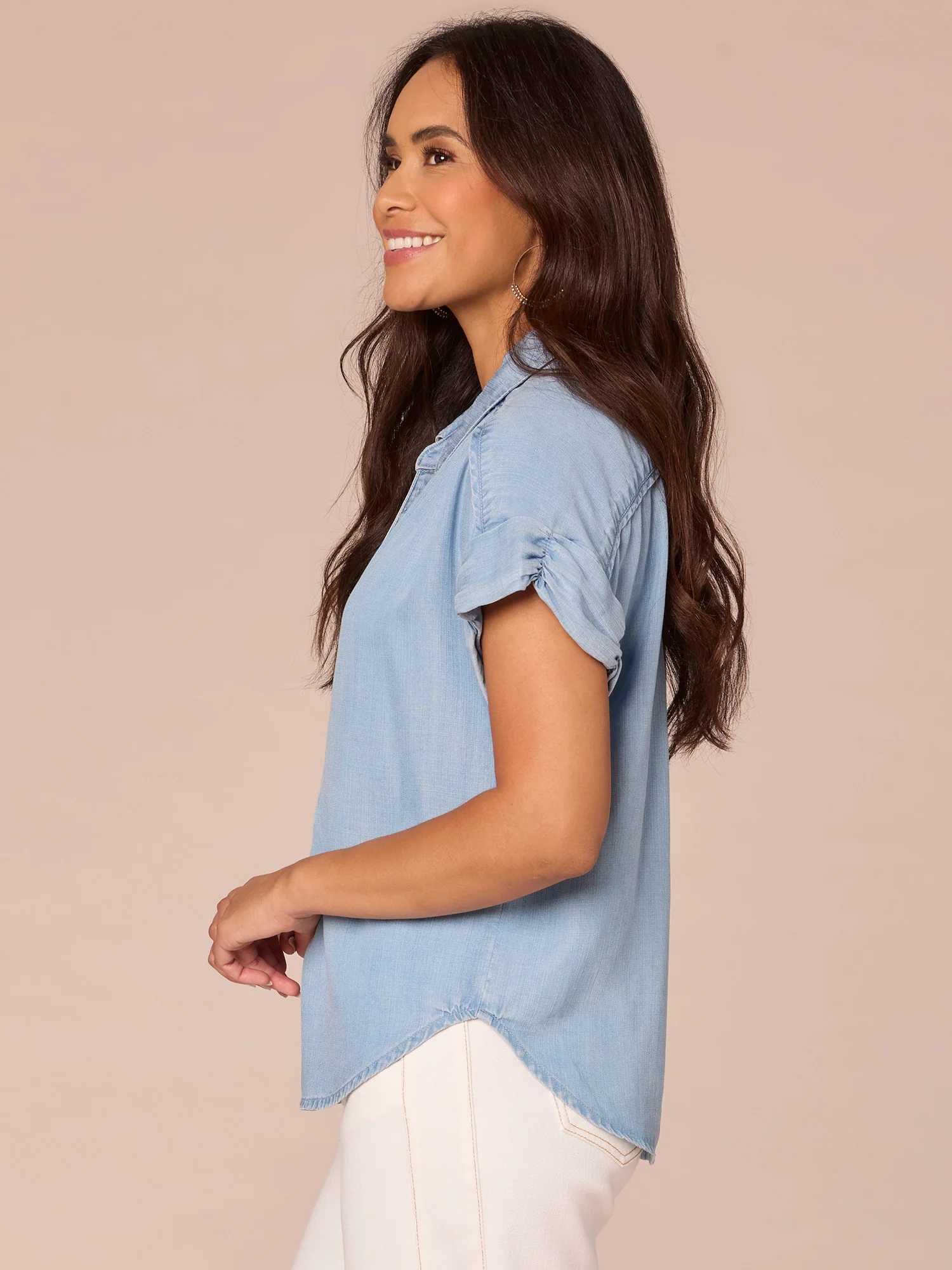 Extended Short Sleeve Collared Button Down Pleated Placket Woven Shirt - Legahigh