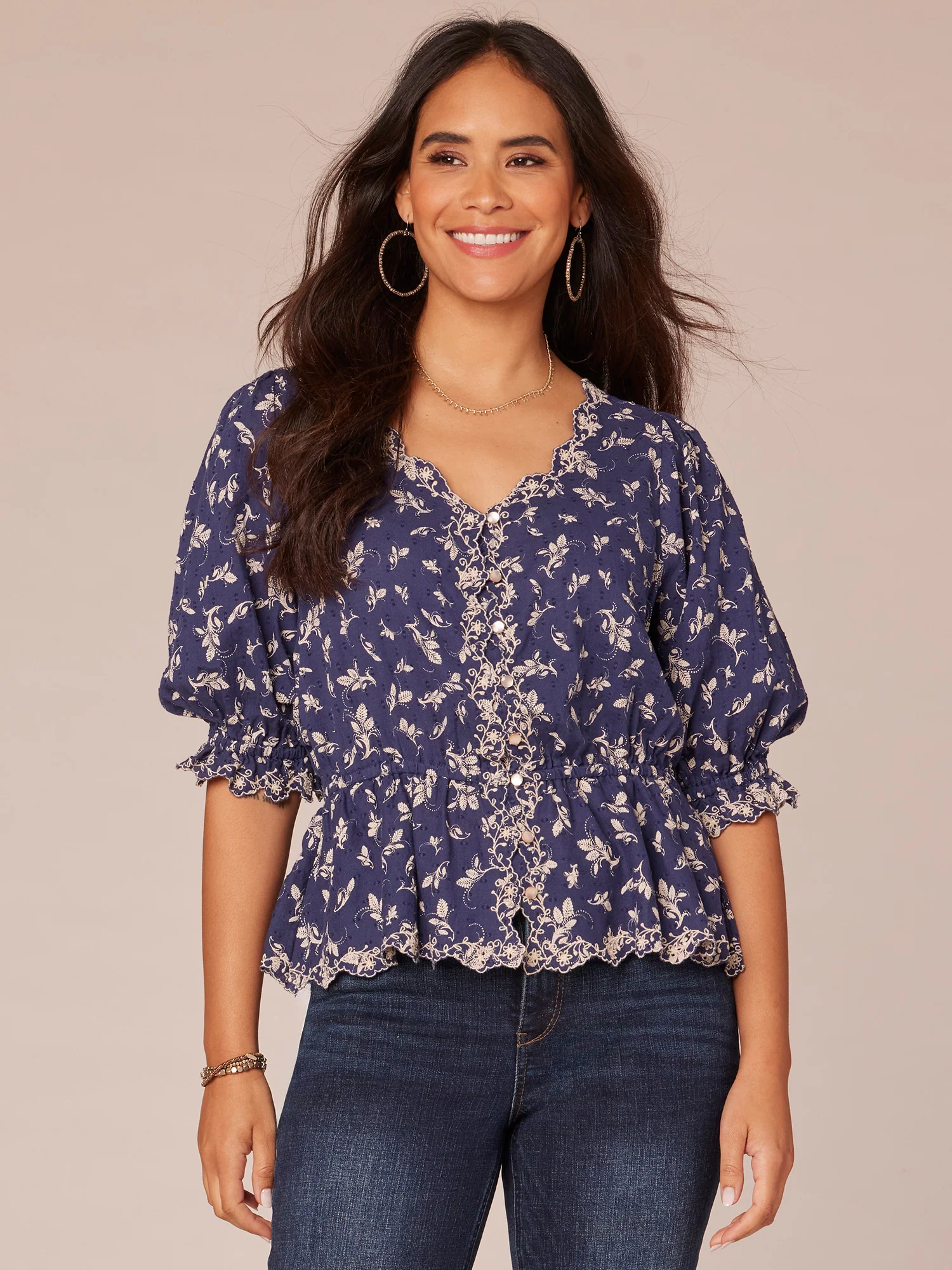 Lantern Sleeve V-Neck Button Down Printed Woven Top with Embroidery - Legahigh