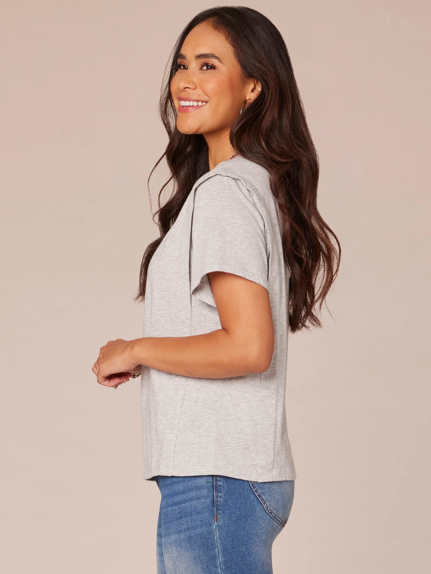 Short Flange Shoulder Sleeve Scoop Neck Shimmery Knit Top - Legahigh
