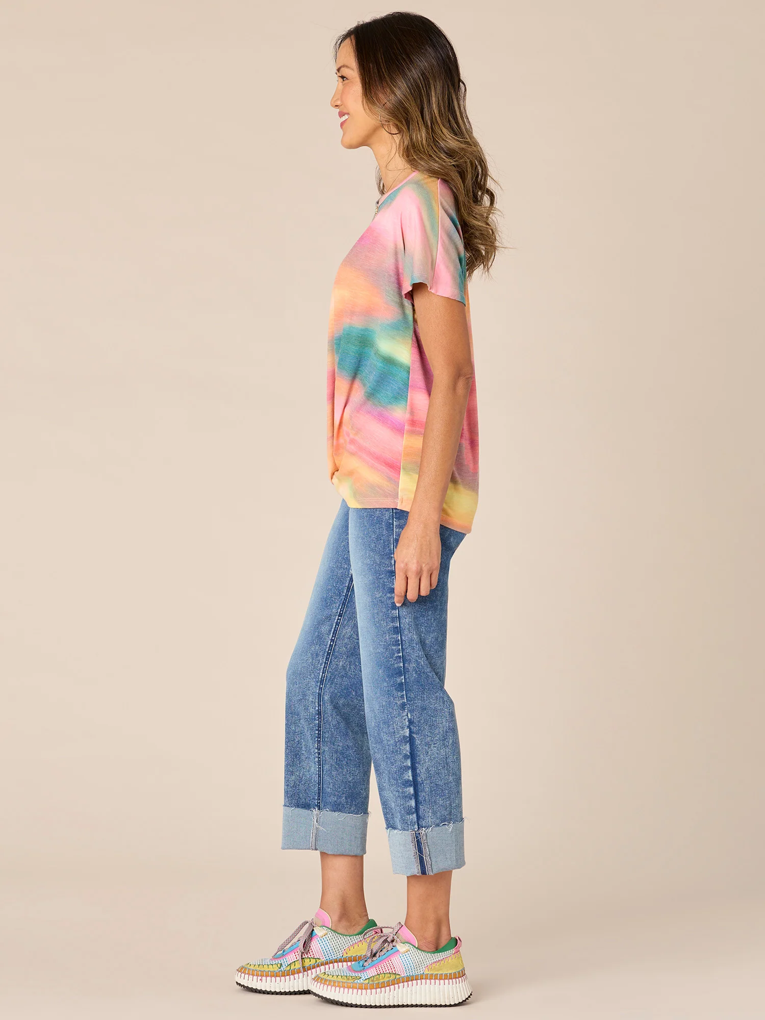 Short Sleeve Scoop Neck Twist Front Placement Print Petite Knit Top - Legahigh