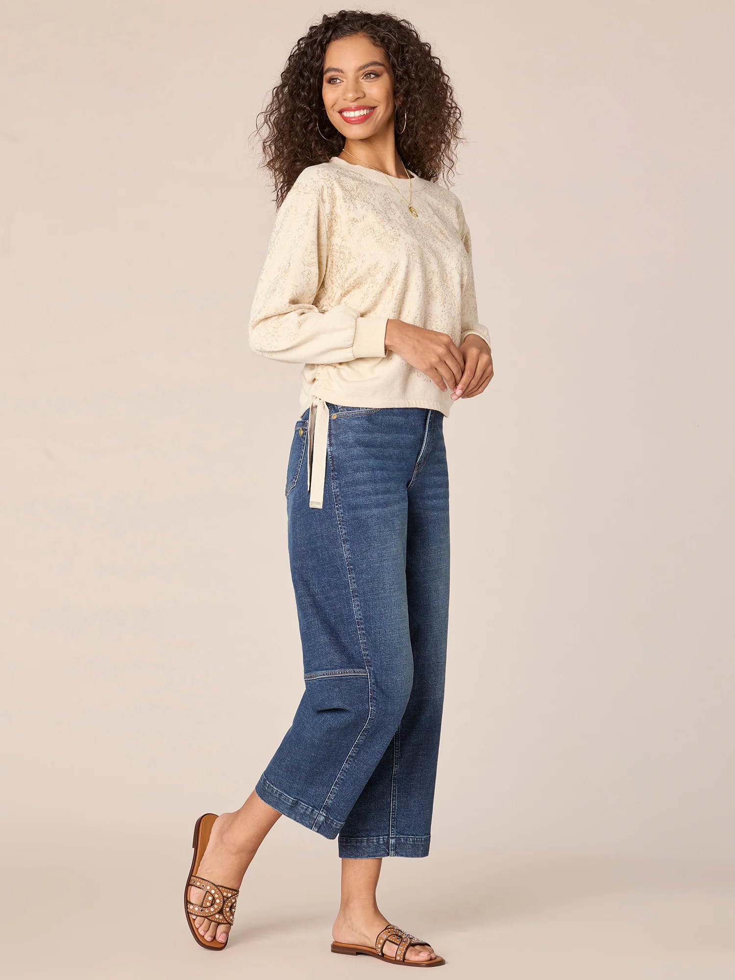 Long Sleeve Boatneck Foil Placement Print Knit Top with Drawstring Hem - Legahigh