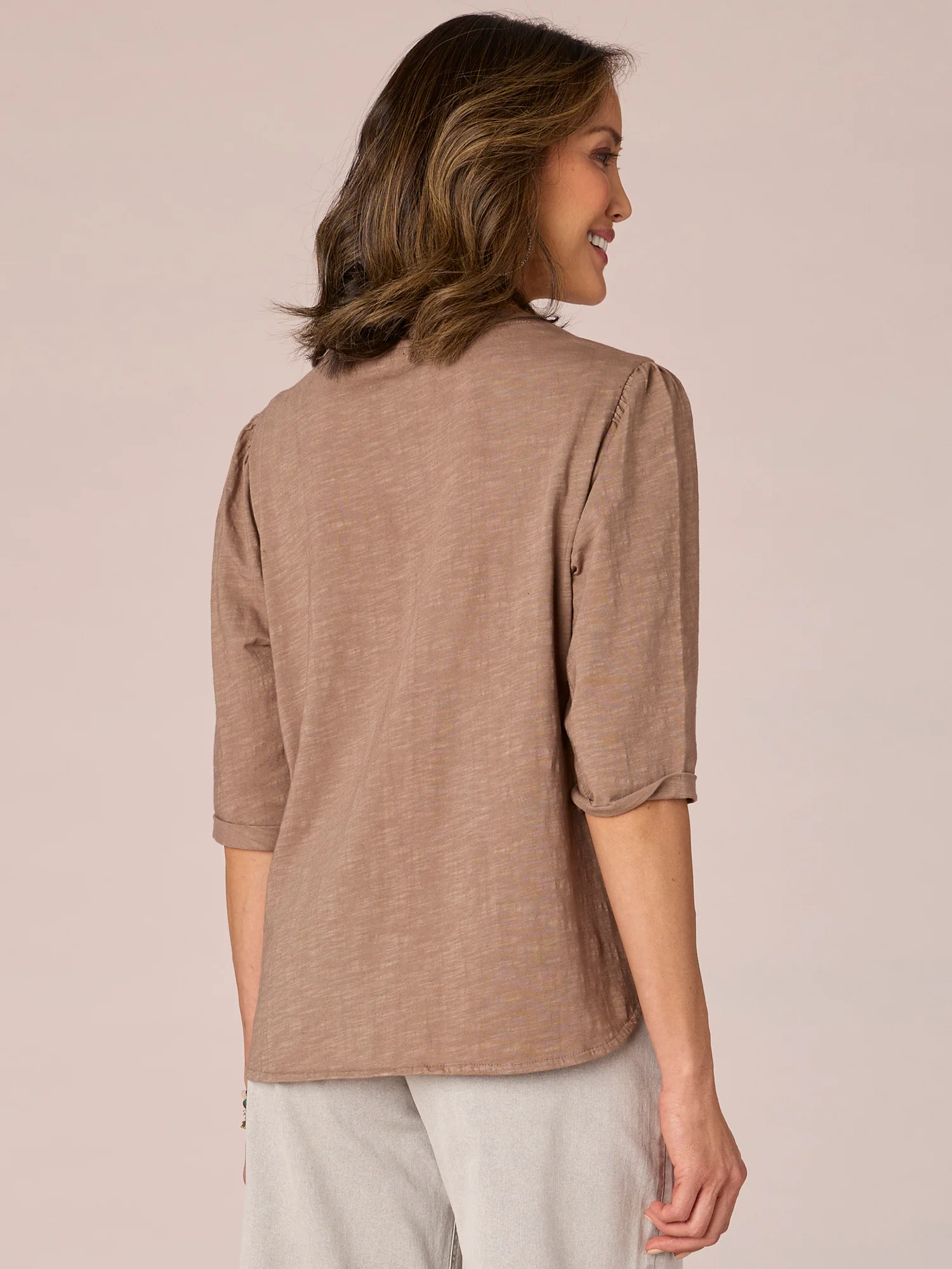 Cuffed Elbow Sleeve Round Neck Die Cut Front Petite Woven Top - Legahigh