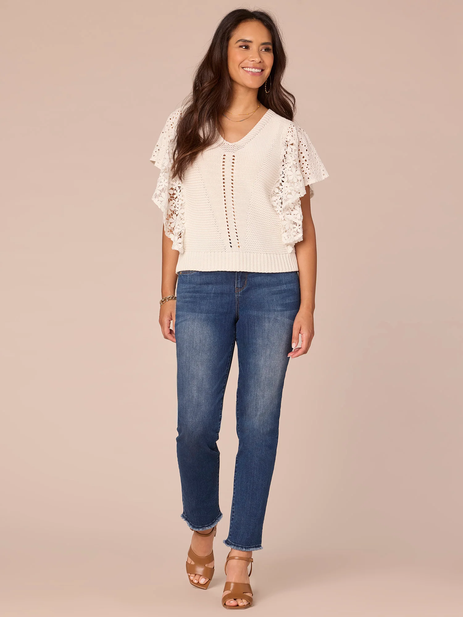 Embroidered Short Flutter Sleeve V-Neck Mixed Media Petite Top - Legahigh