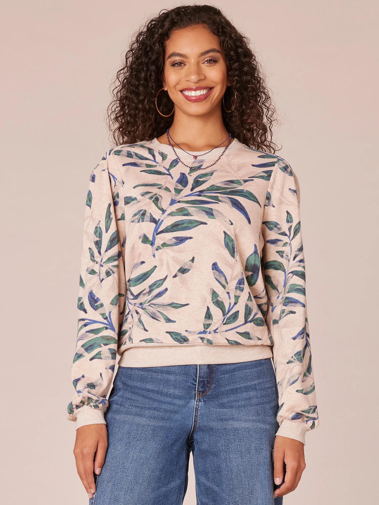 Long Sleeve Scoop Neck Shoulder Yoke Printed Knit Sweatshirt - Legahigh