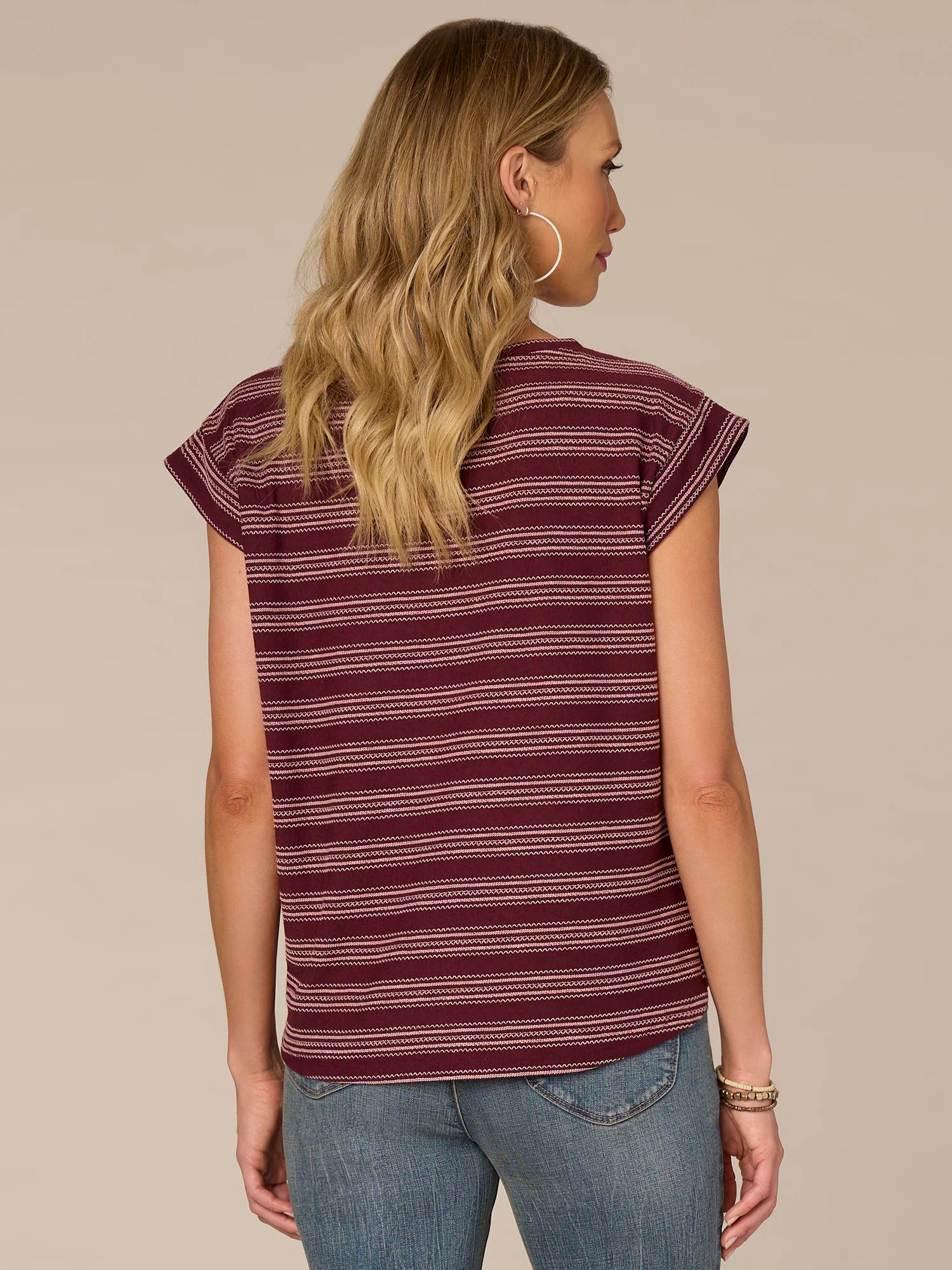 Cap Sleeve Scoop Neck Shirttail Hem Stripe Print Knit Top - Legahigh