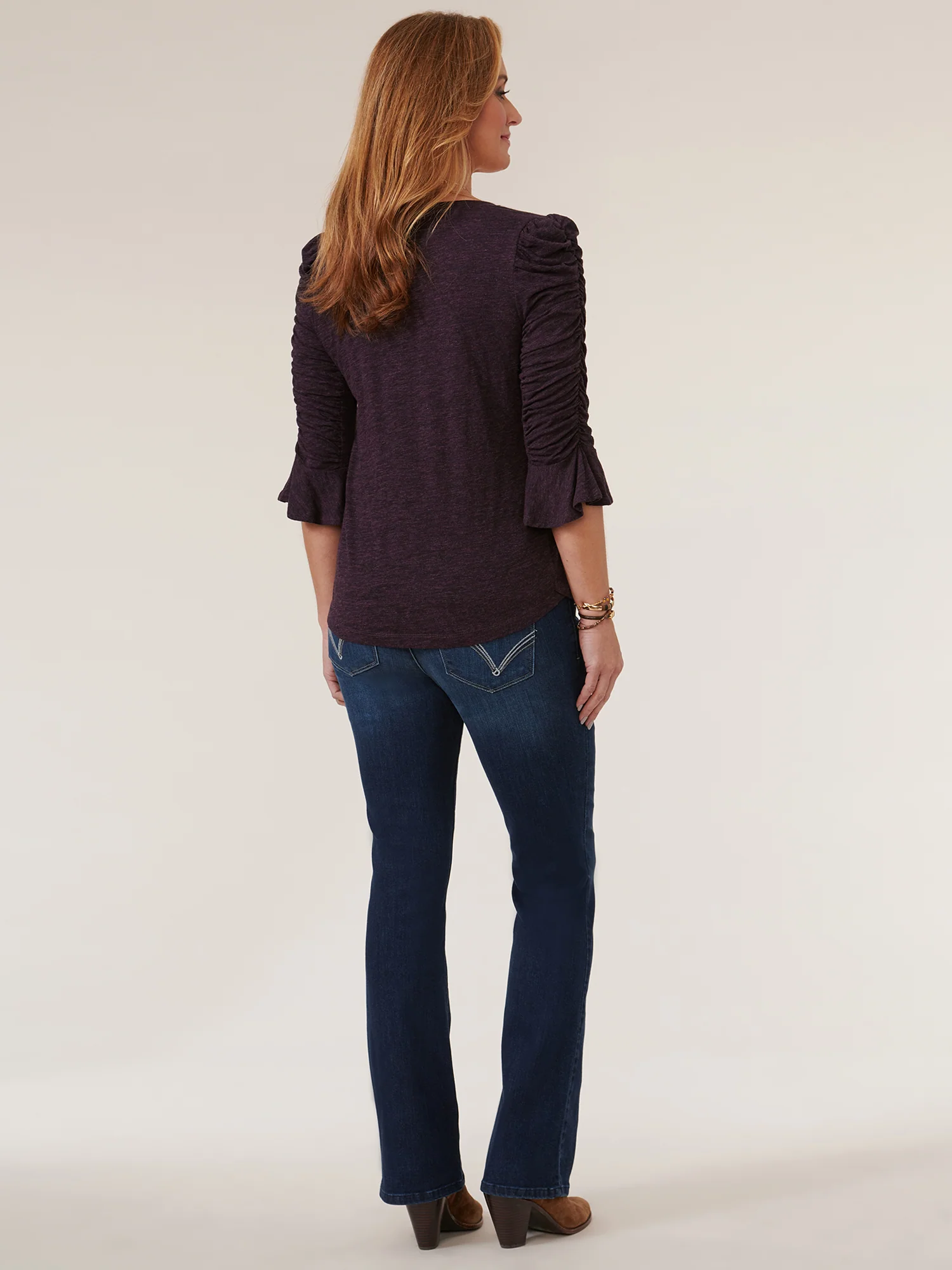 3/4 Ruched Flounce Sleeve V Neck Shirtail Hem Knit Top - Legahigh