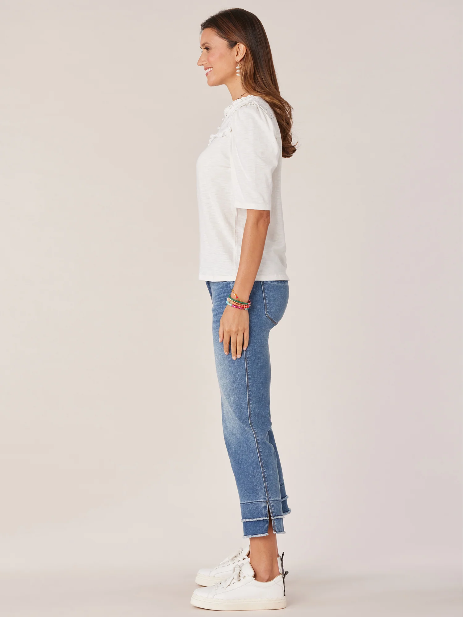 Round Ruffle Neck Elbow Puff Sleeve Half Button Down Knit Top - Legahigh