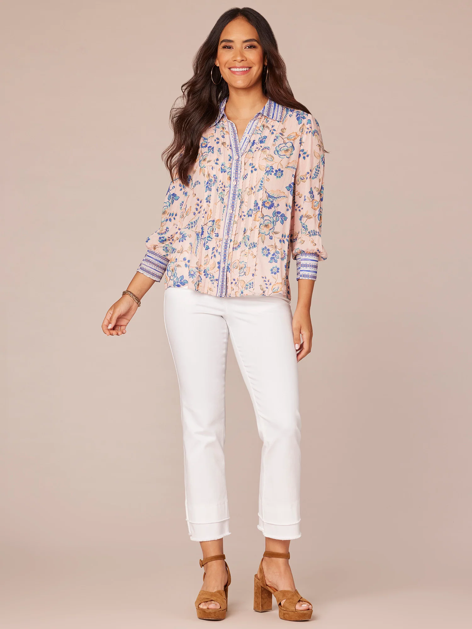 Three Quarter Sleeve Scallop Collar Button Down Printed Woven Shirt - Legahigh