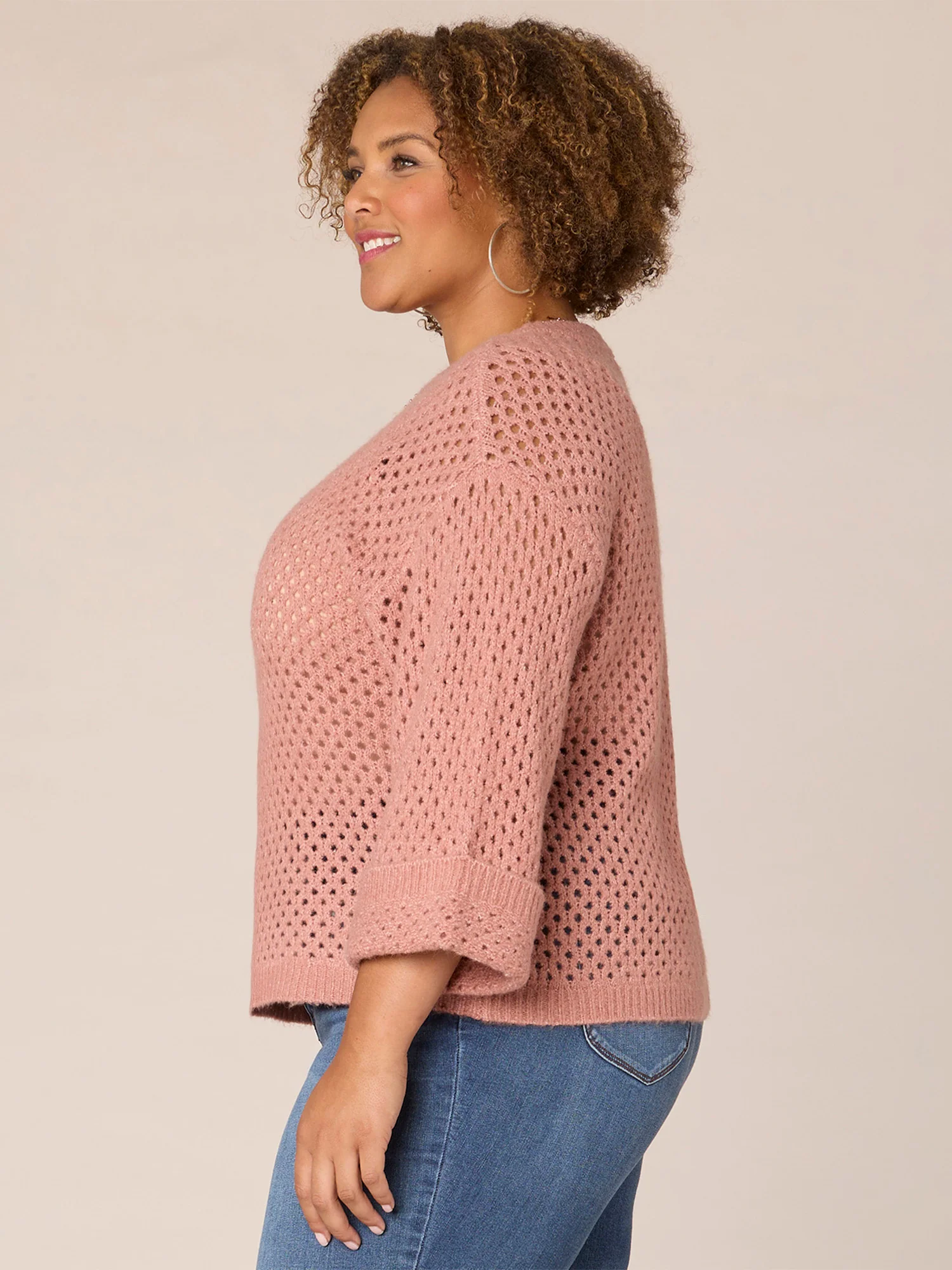 Long Sleeve Round Neck Open Work Plus Size Sweater - Legahigh