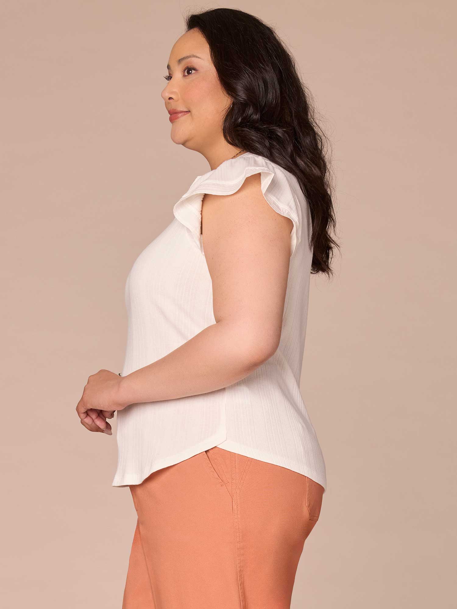 Flutter Cap Sleeve Round Split Neck Mixed Media Plus Size Knit Top - Legahigh