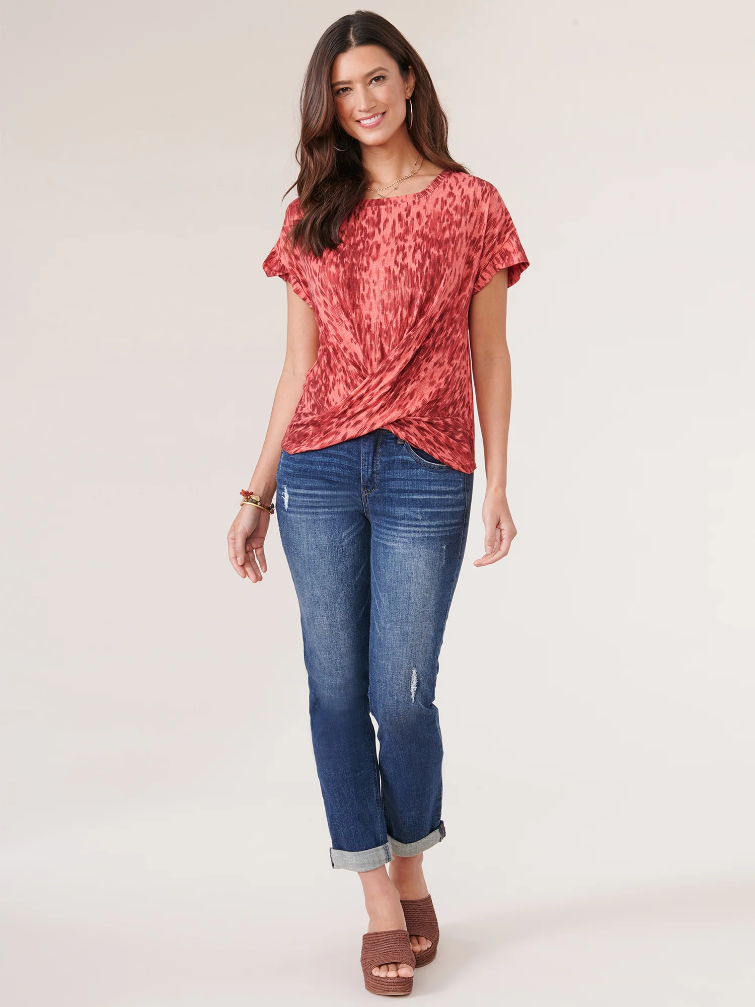Short Sleeve Scoop Neck Twist Front Hem Tie-Dye Print Knit Top - Legahigh