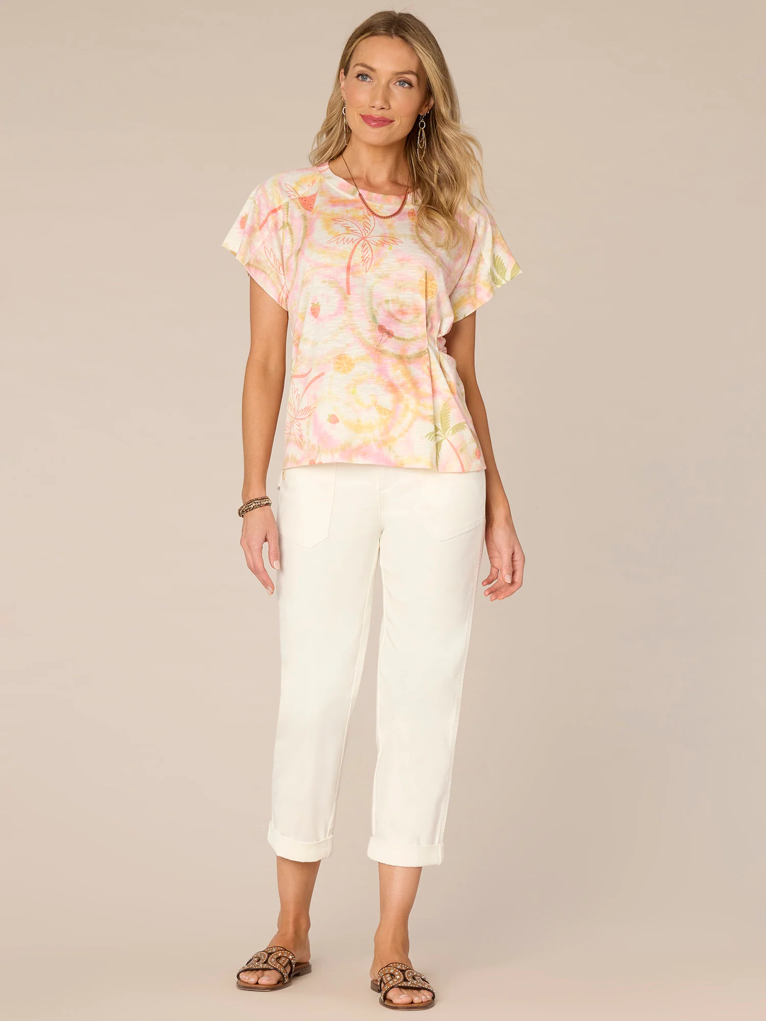 Short Sleeve Scoop Neck Side Pleat Placement Print Knit Boyfriend Tee - Legahigh