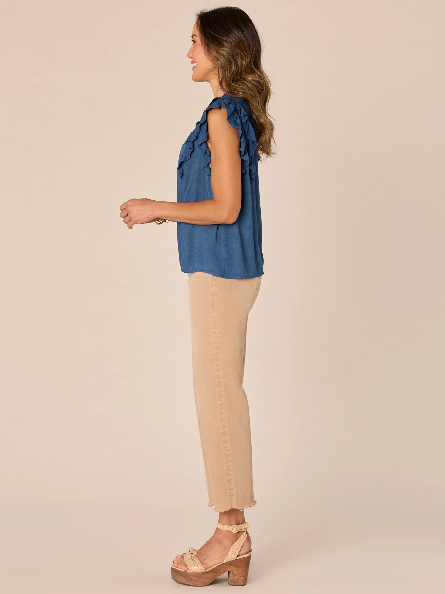 Double Ruffle Sleeve Ruffle Stand Collar Die Cut Plus Size Woven Top - Legahigh