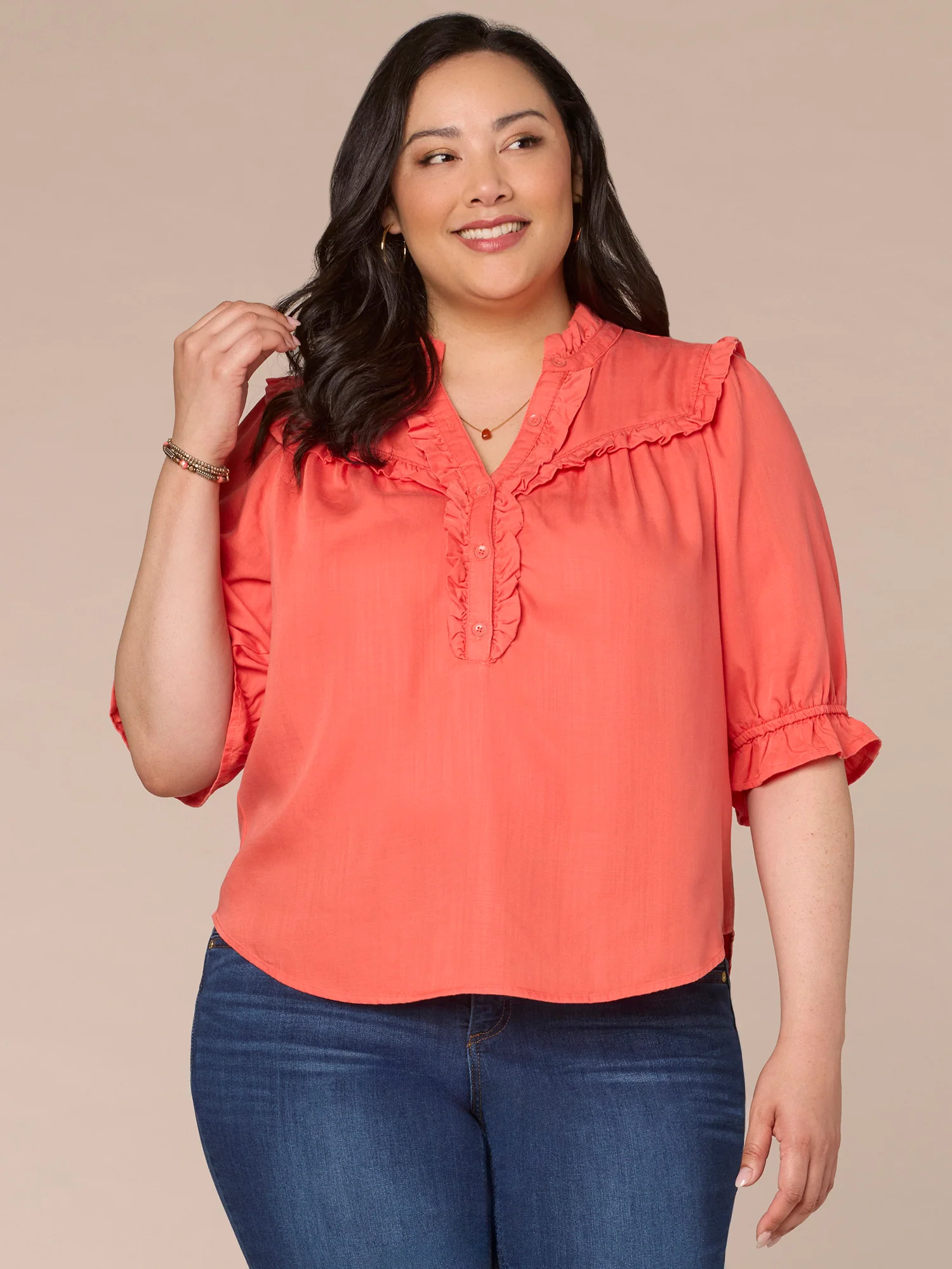 Elbow Sleeve Ruffle Edge V-Neck Button Down Plus Size Woven Shirt - Legahigh