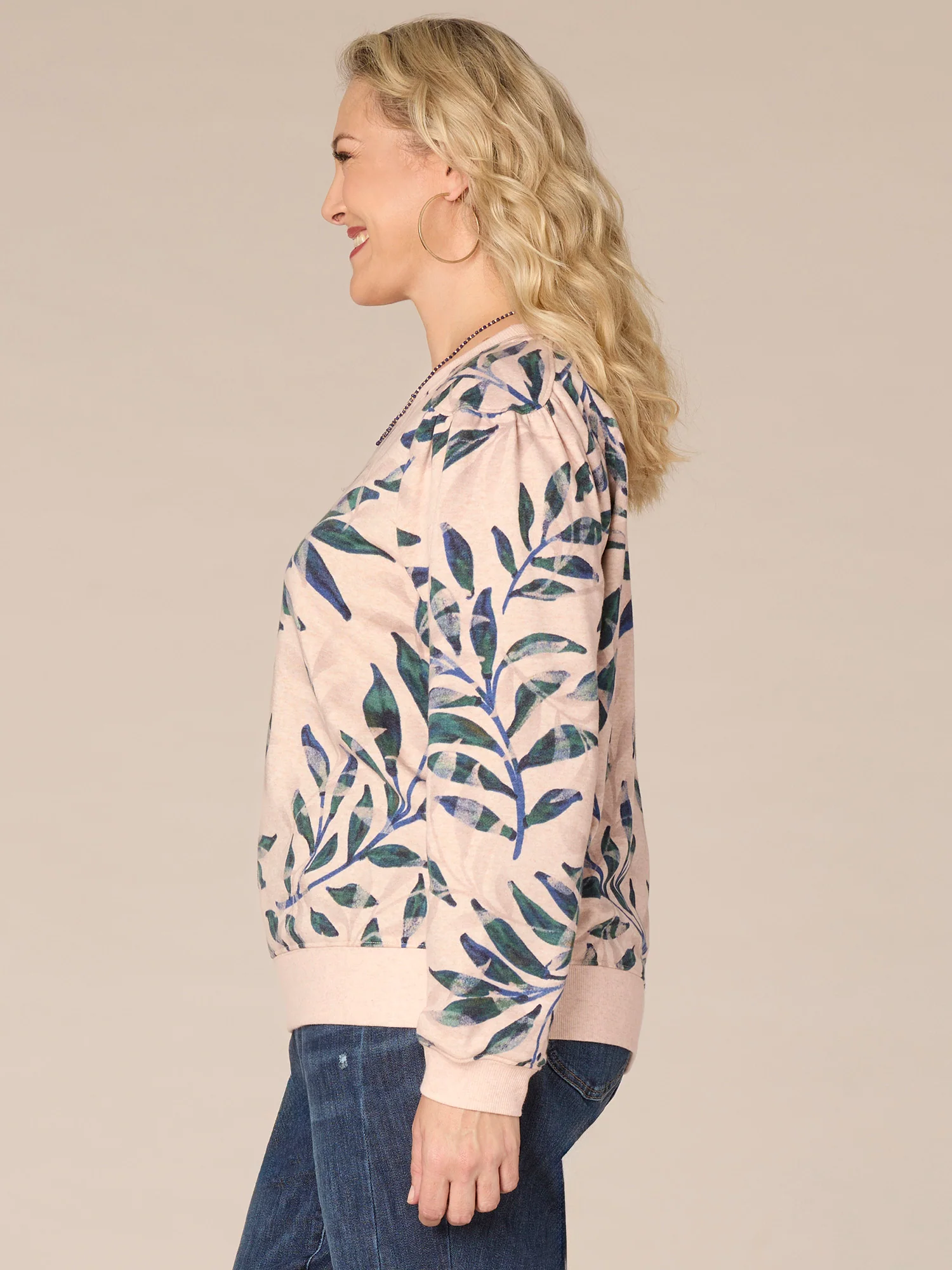 Long Banded Sleeve Scoop Neck Leaf Print Plus Size Knit Sweatshirt - Legahigh