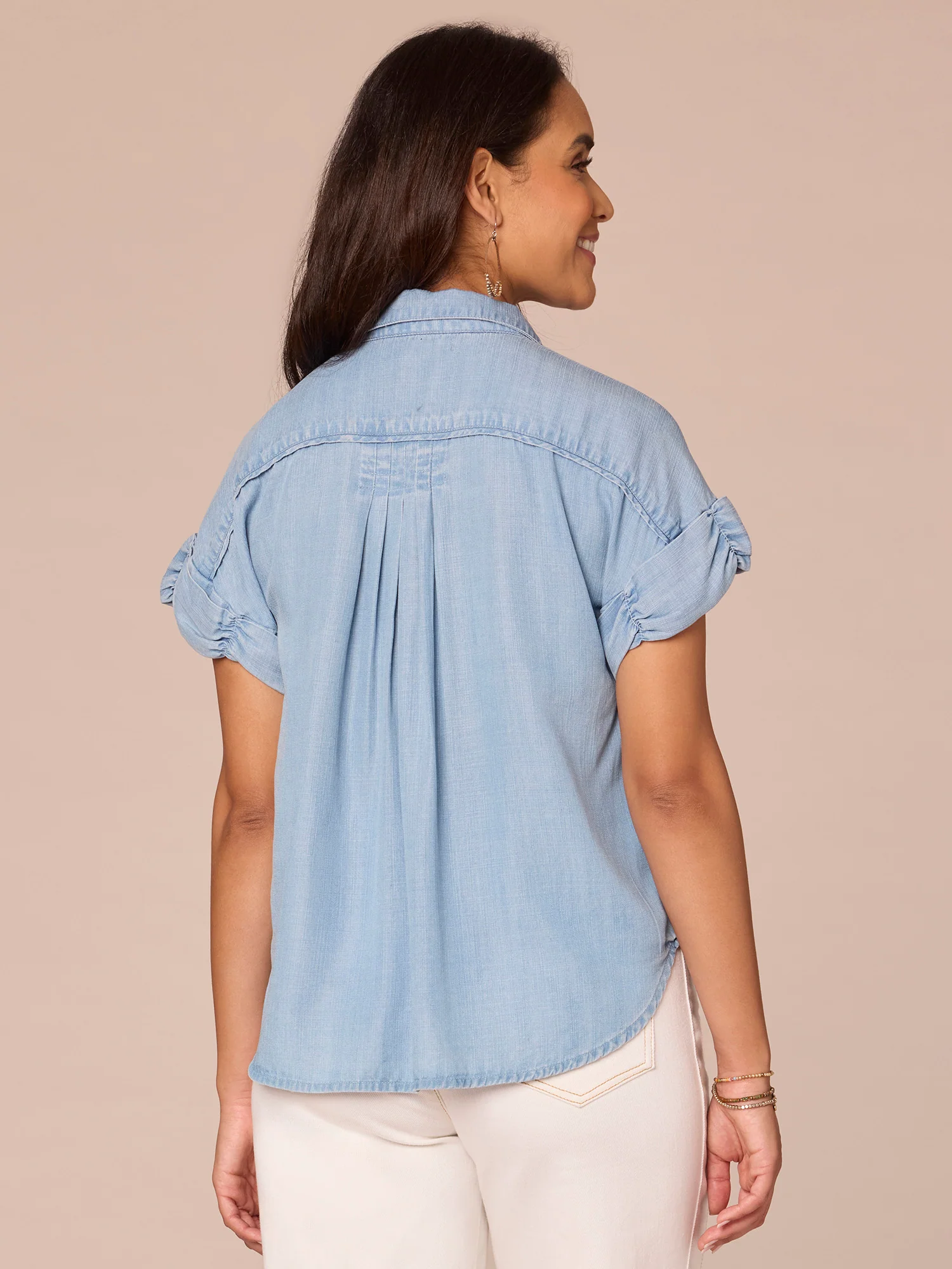 Ruched Short Sleeve Collar Button Down Pleated Petite Woven Shirt - Legahigh