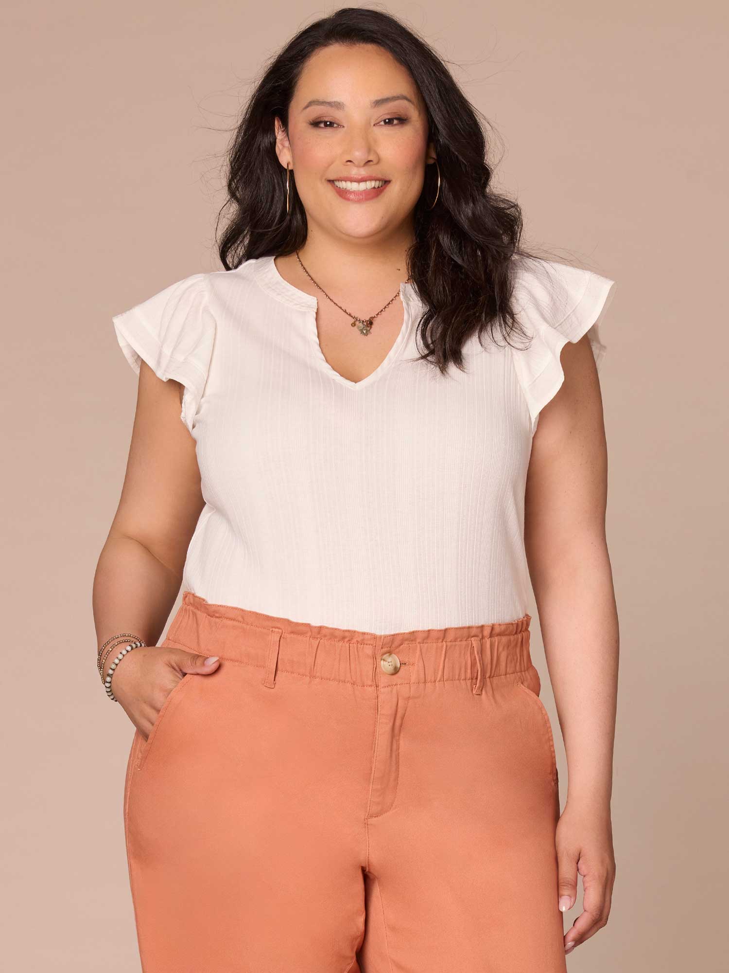 Flutter Cap Sleeve Round Split Neck Mixed Media Plus Size Knit Top - Legahigh