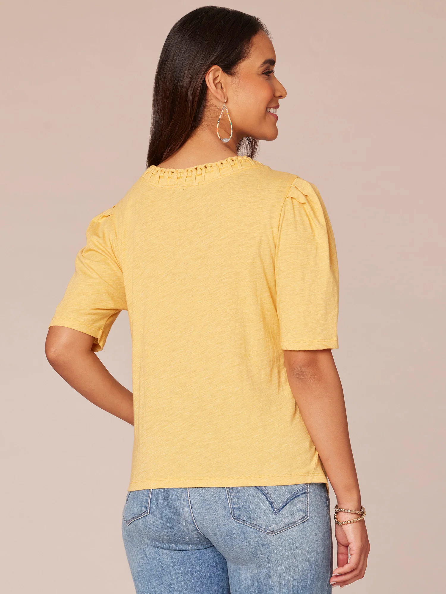 Pleated Elbow Sleeve Scoop Neck Knit Top with Soutache Detail - Legahigh