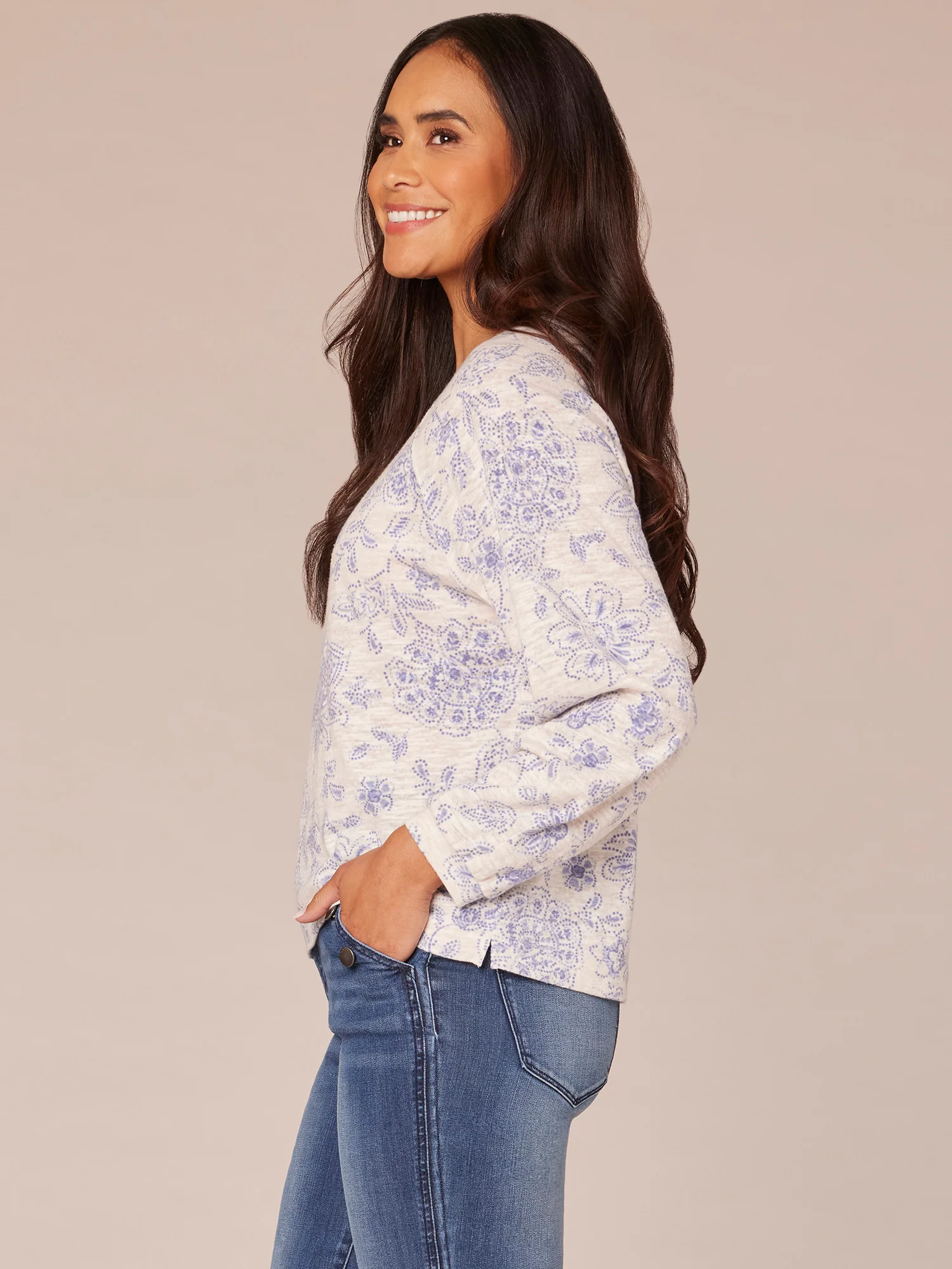 Long Raglan Sleeve Scoop Neck Floral Print Knit Top - Legahigh