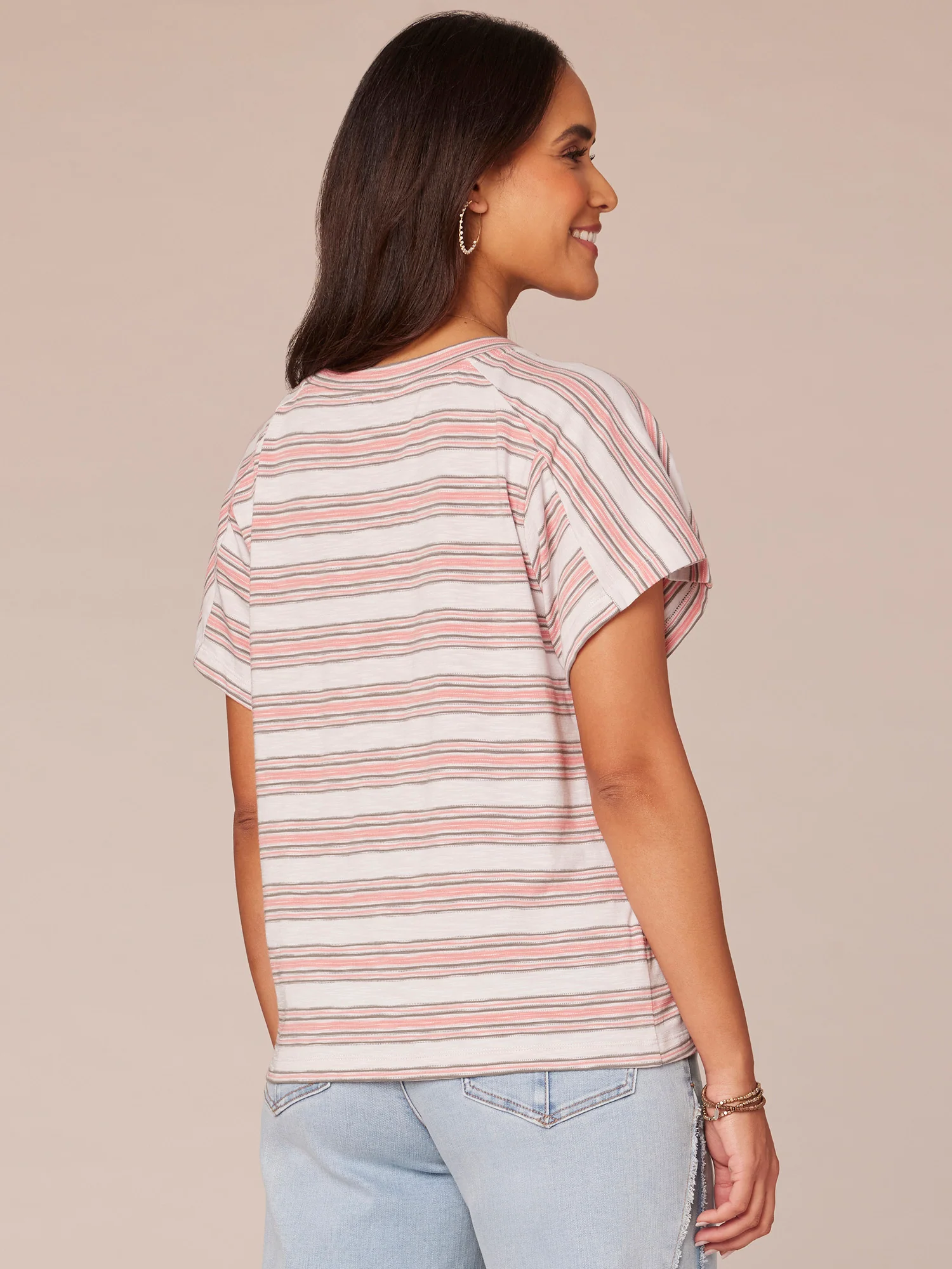 Short Sleeve Crew Neck Side Pleat Stripe Print Knit Top - Legahigh