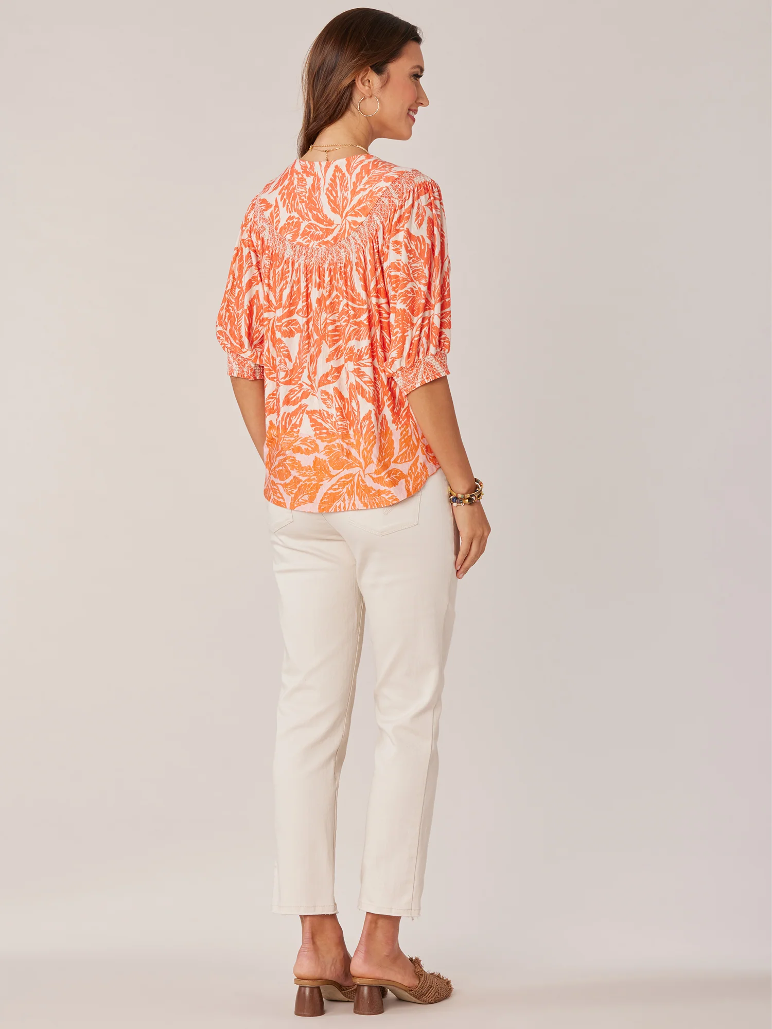 Elbow Smocked Sleeve Scoop Neck Printed Petite Knit Top - Legahigh