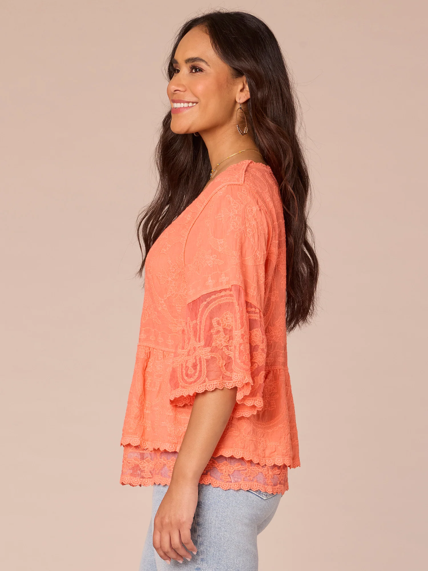 Three Quarter Bell Sleeve Scoop Neck Double Flounce Hem Woven Top - Legahigh