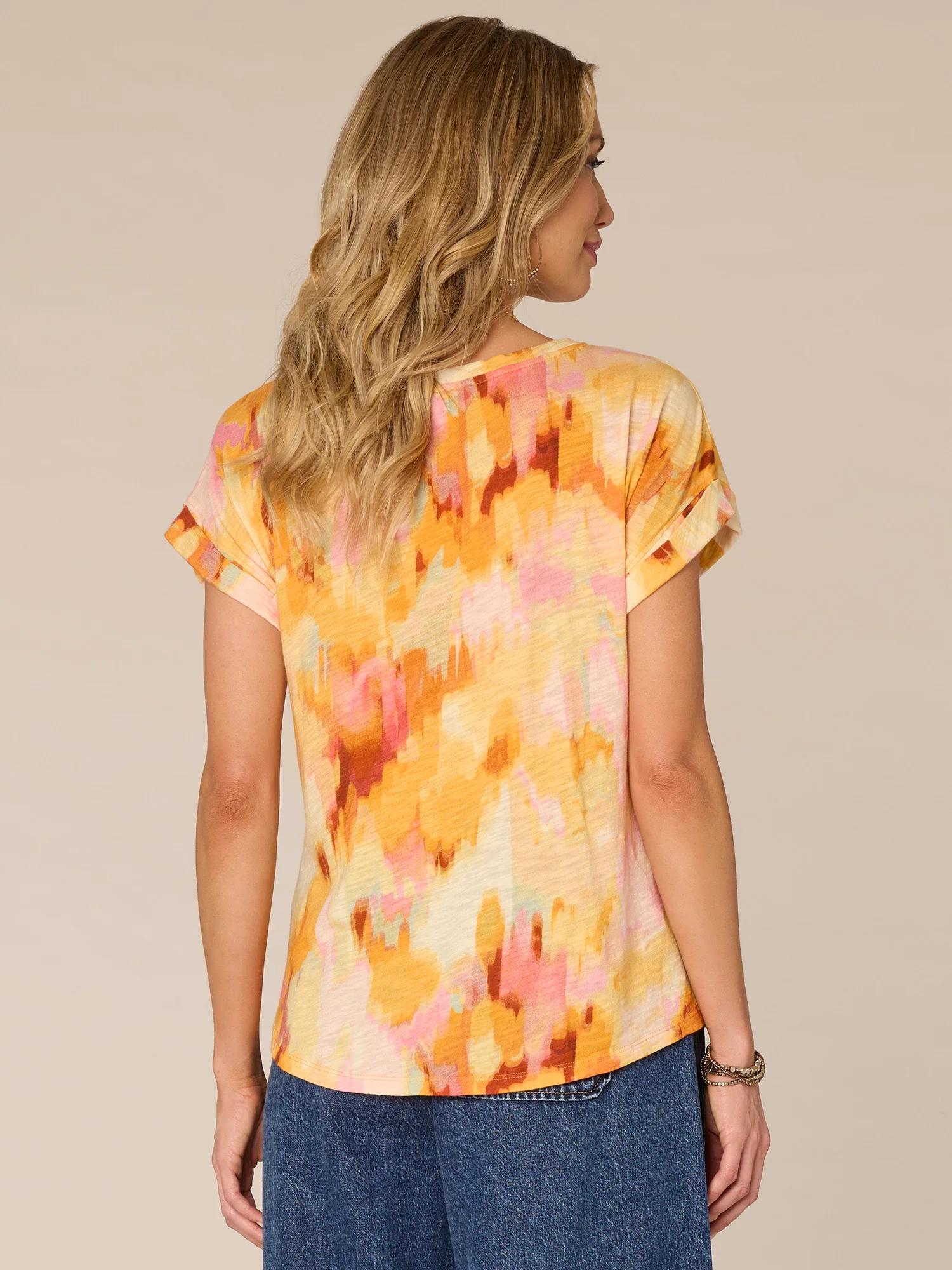 Roll Cuff Sleeve Scoop Neck Printed Twist Hem Petite Knit Top - Legahigh