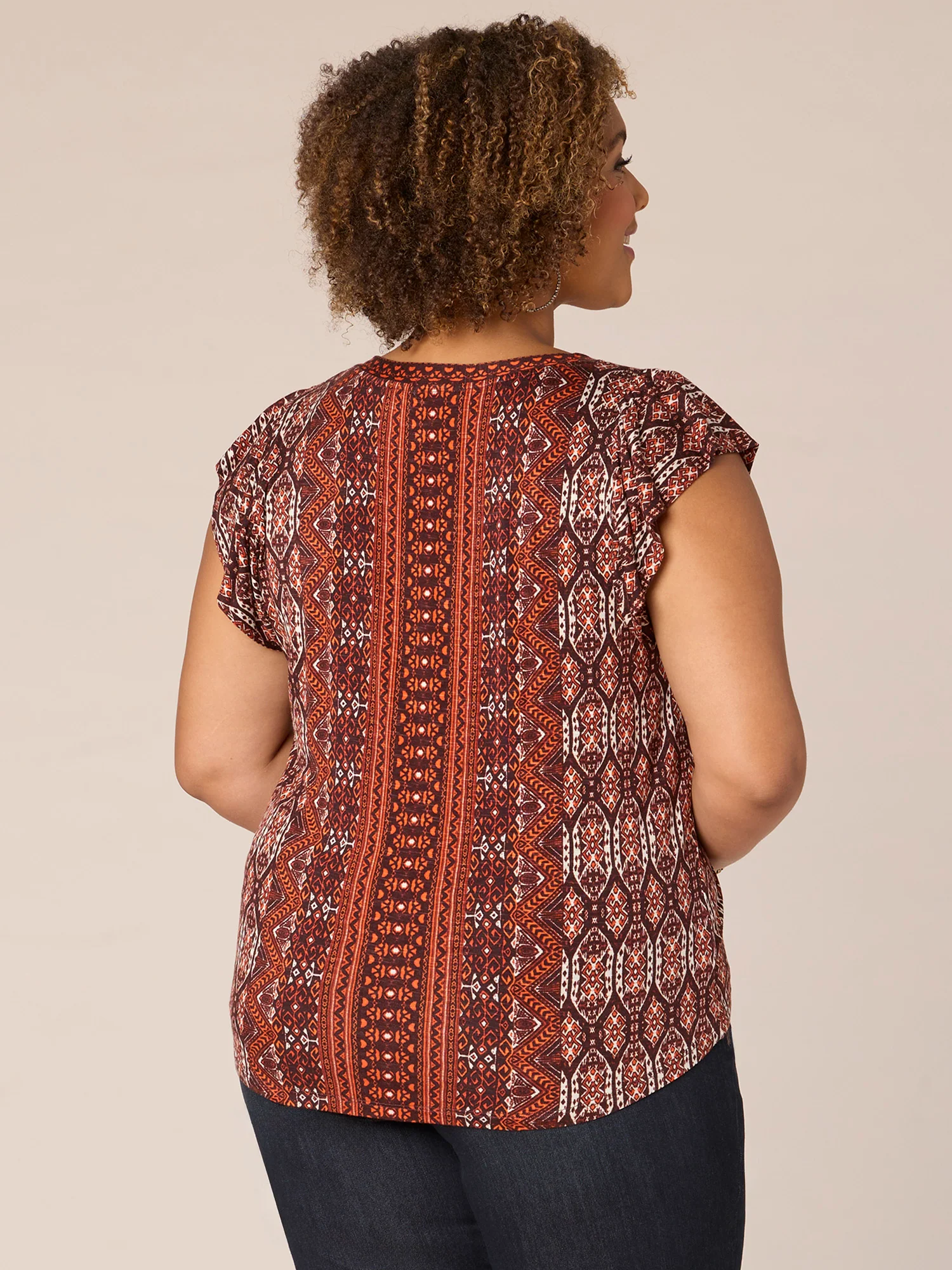 Flutter Sleeve V-Neck Tie Front Abstract Print Plus Size Knit Top - Legahigh