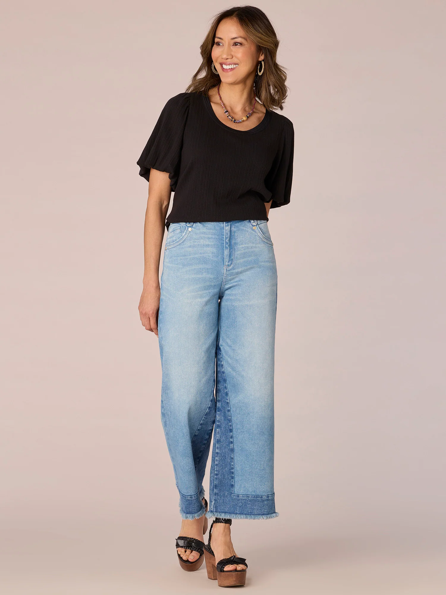 Short Blouson Puff Shoulder Sleeve Scoop Neck Mixed Media Knit Top - Legahigh