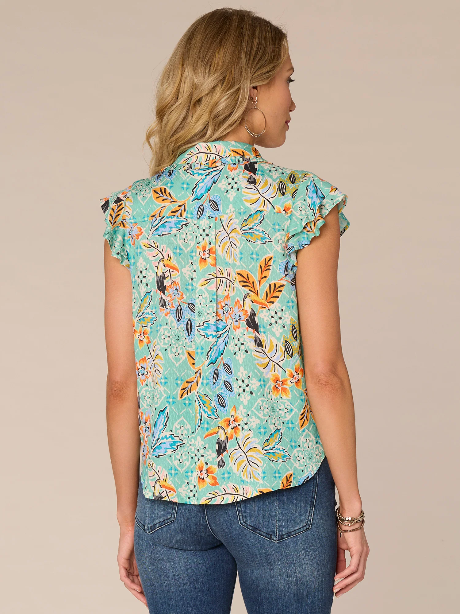 Double Flutter Sleeve Ruffle Edge Collar V-Neck Abstract Print Woven Top - Legahigh