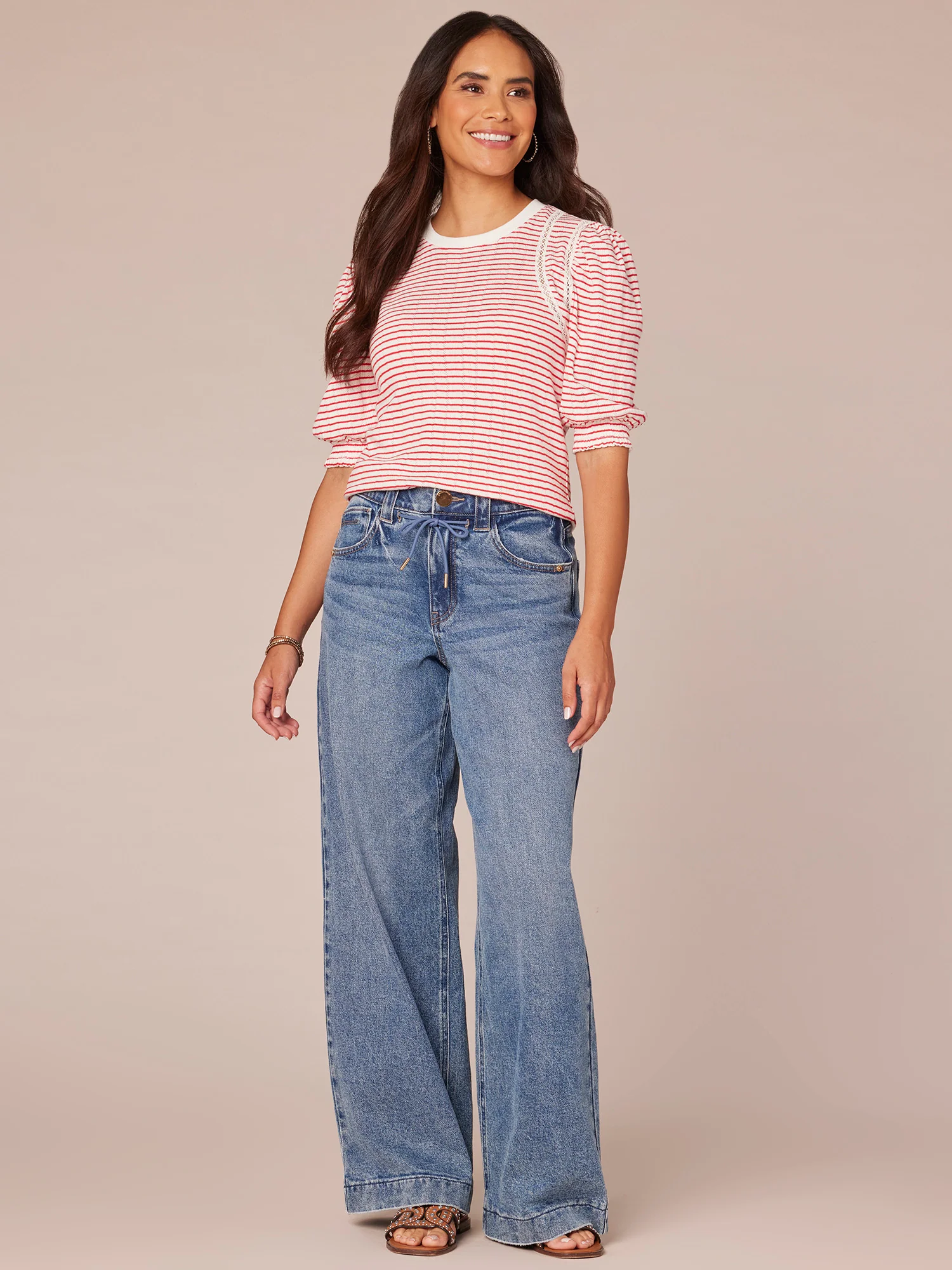 Elbow Sleeve Crew Neck Stripe Print Knit Top with Crochet Stitch - Legahigh