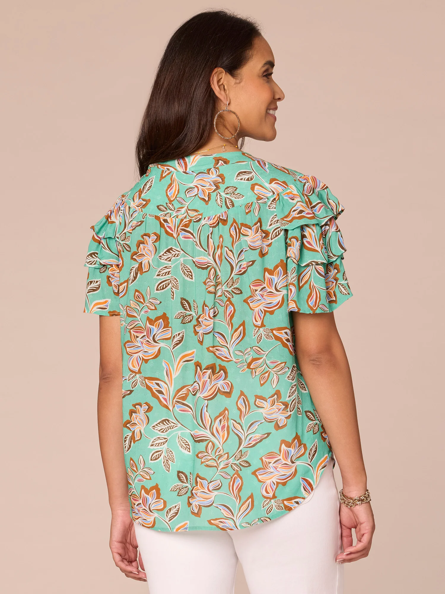 Triple Flounce Sleeve V-Notch Stitched Yoke Neck Printed Woven Top - Legahigh