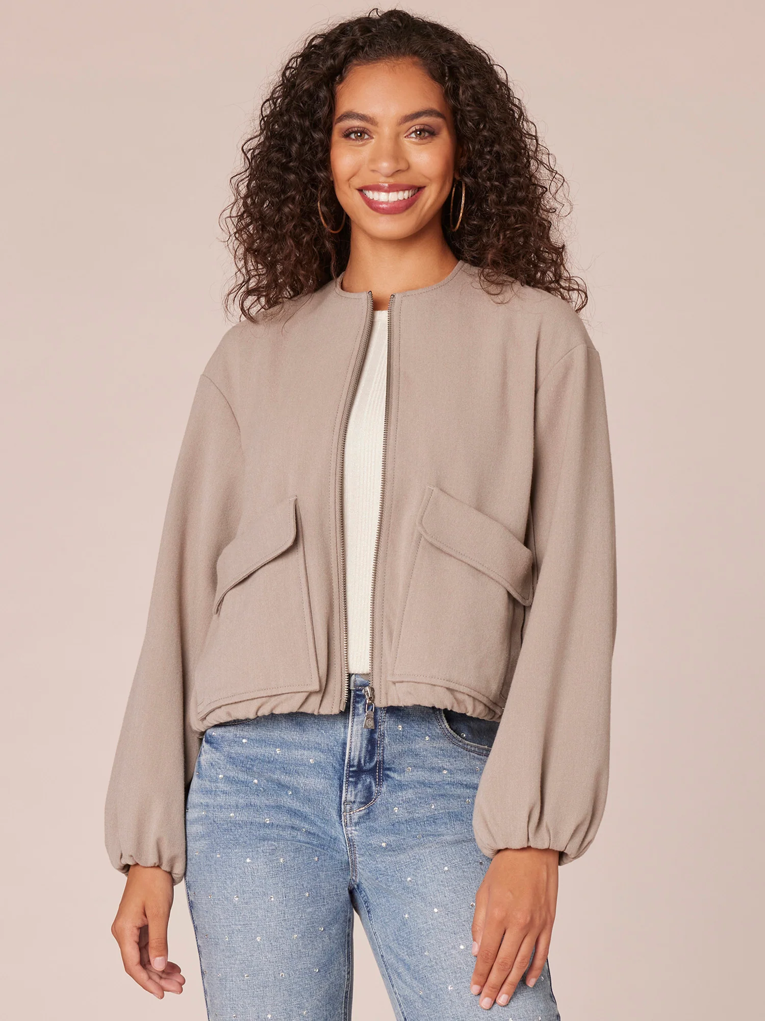 Long Sleeve Zip Front Cropped Bomber Jacket with Dual Entry Pockets - Legahigh