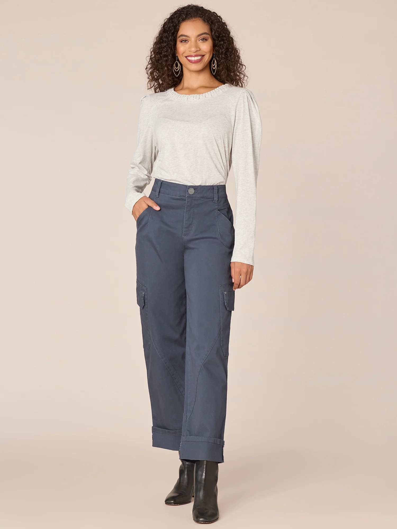 Long Sleeve Soutache Embroidered Crew Neck Knit Top with Ruching - Legahigh