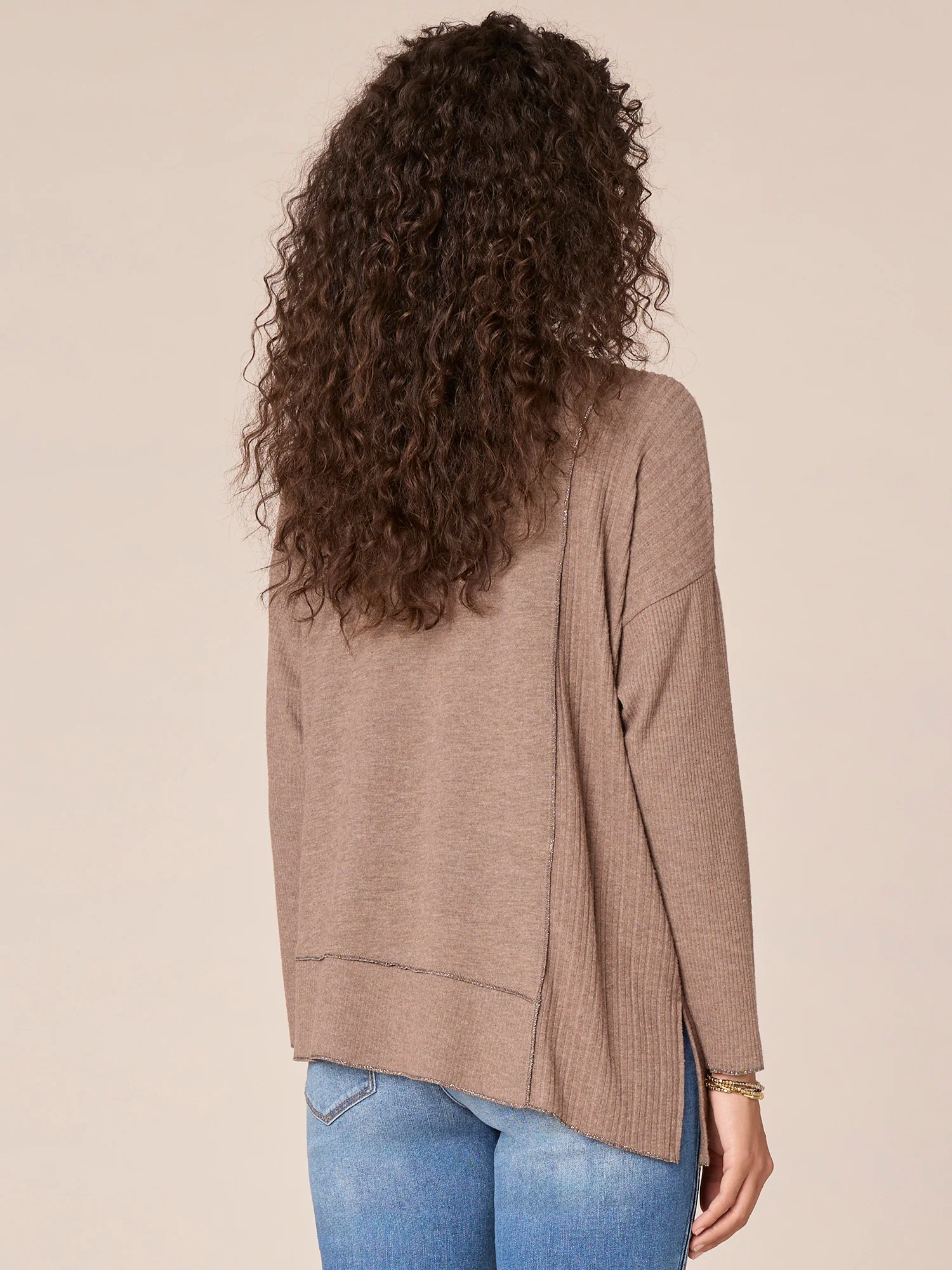 Long Sleeve Scoop Neck Asymmetrical Spliced Hem Petite Knit Top - Legahigh