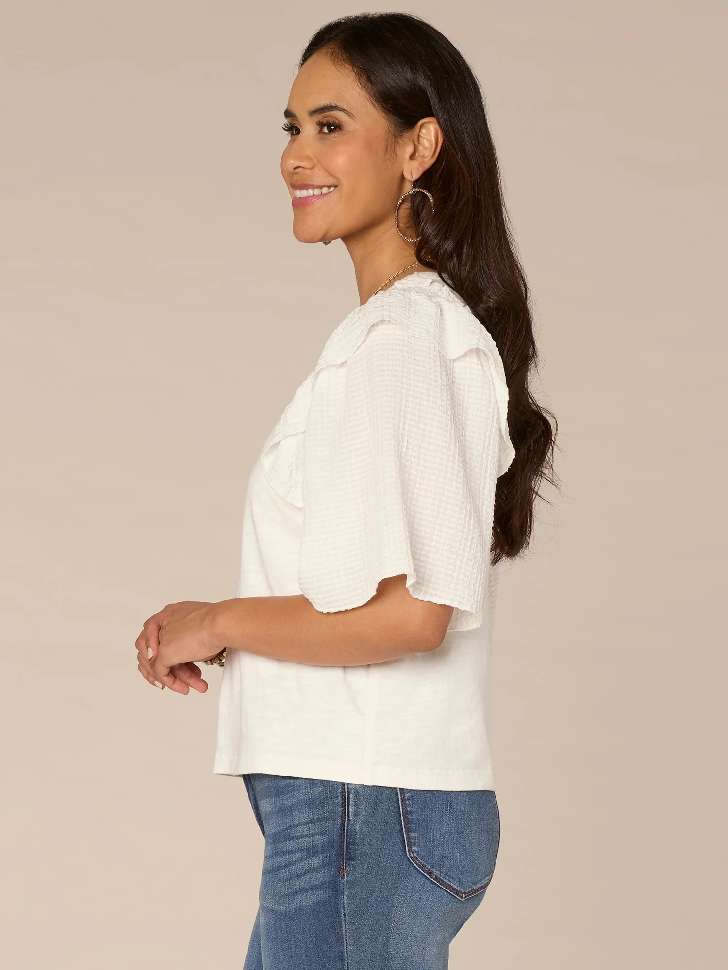 Smock Short Sleeve Ruffle Shoulder Round Neck Mixed Media Top - Legahigh