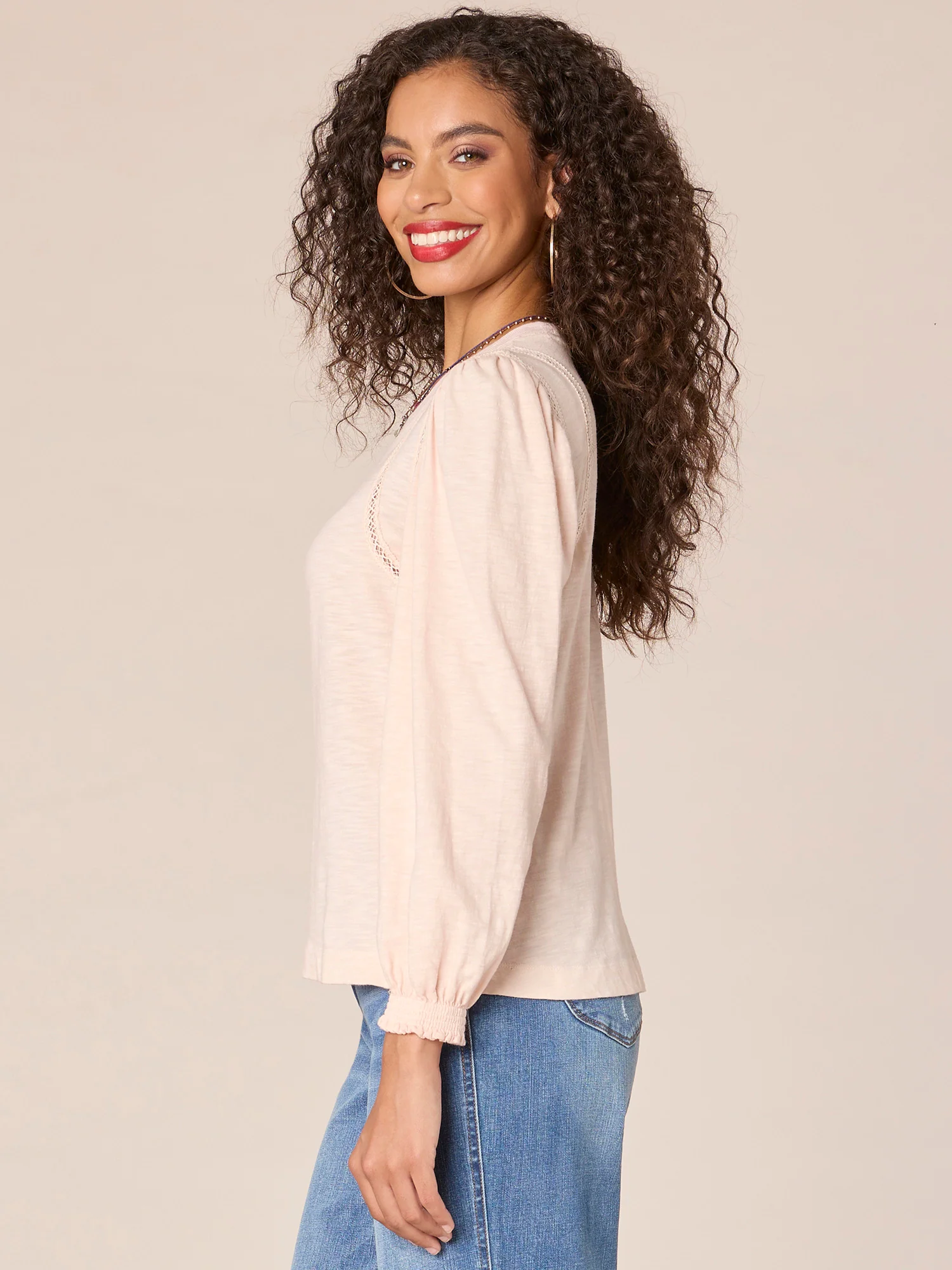 Long Puff Ruffle Sleeve Crew Neck Ladder Crochet Knit Top - Legahigh