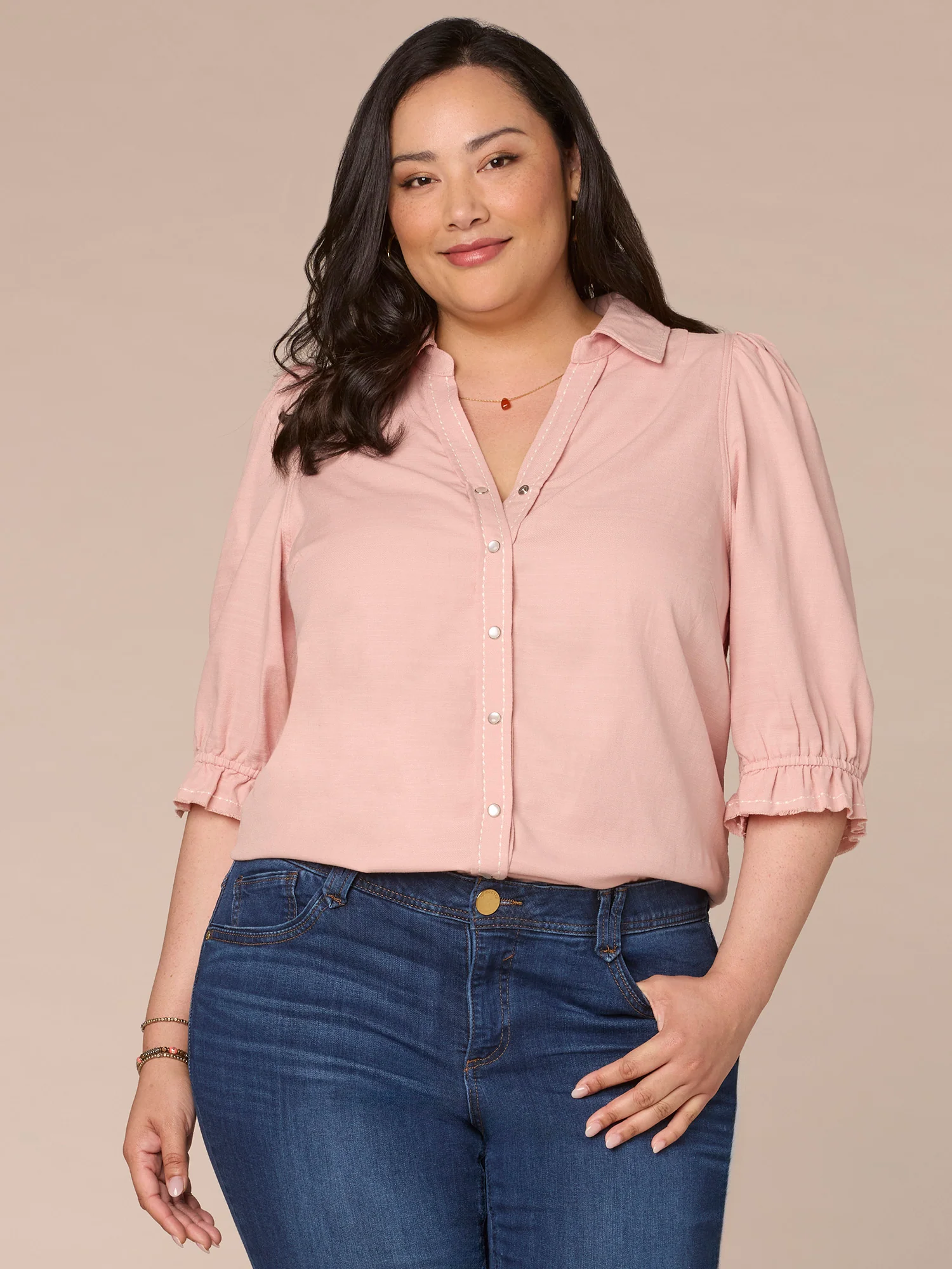 Below Elbow Sleeve Western Yoke Snap Button Plus Size Woven Shirt - Legahigh