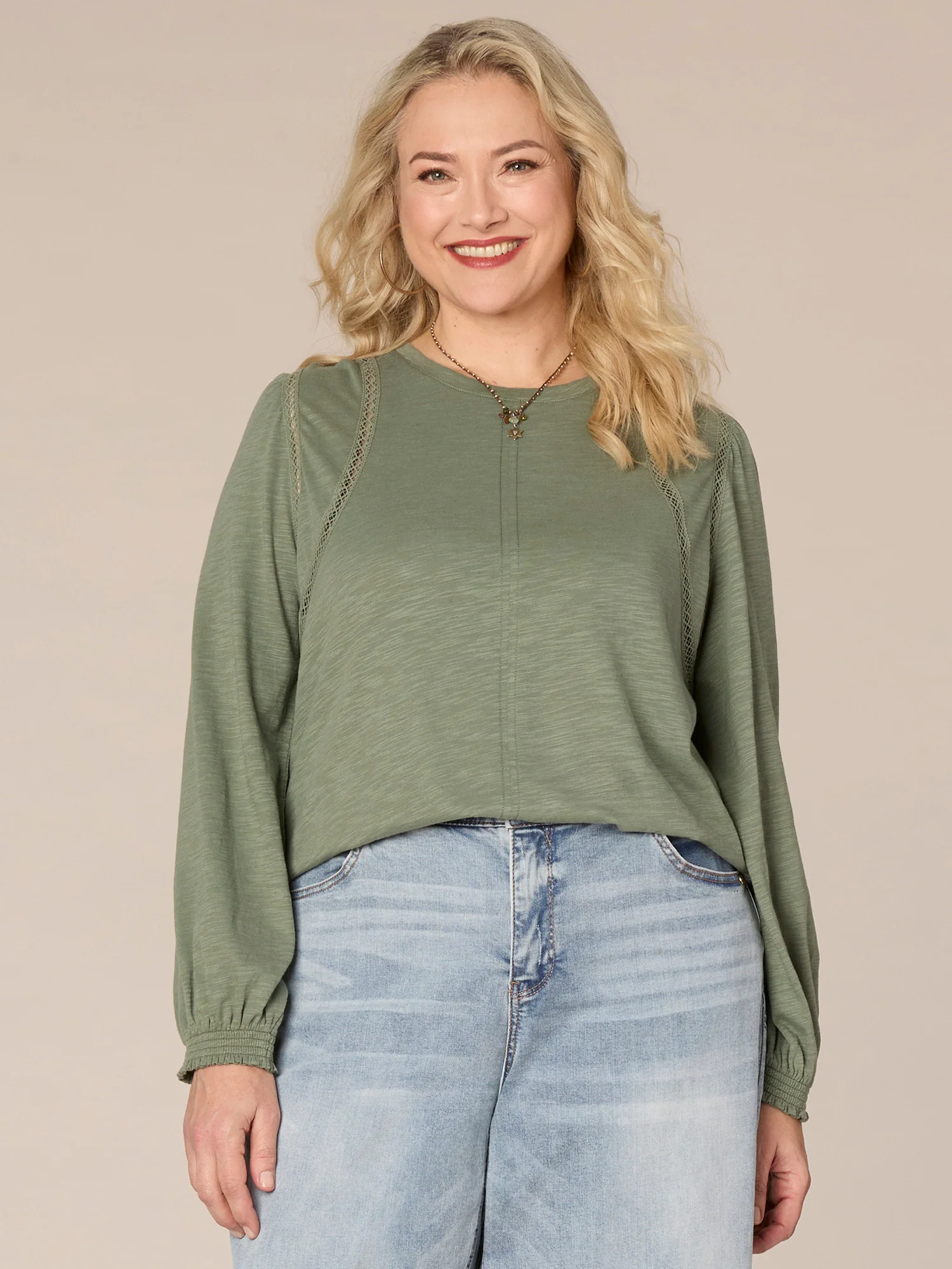 Long Puff Sleeve Crew Neck Ladder Crochet Detail Plus Size Knit Top - Legahigh