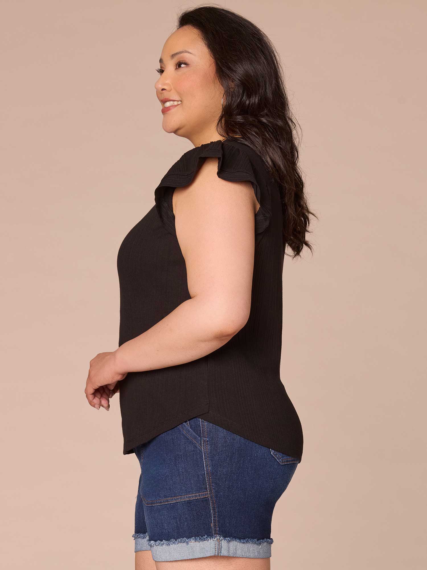 Flutter Cap Sleeve Round Split Neck Mixed Media Plus Size Knit Top - Legahigh
