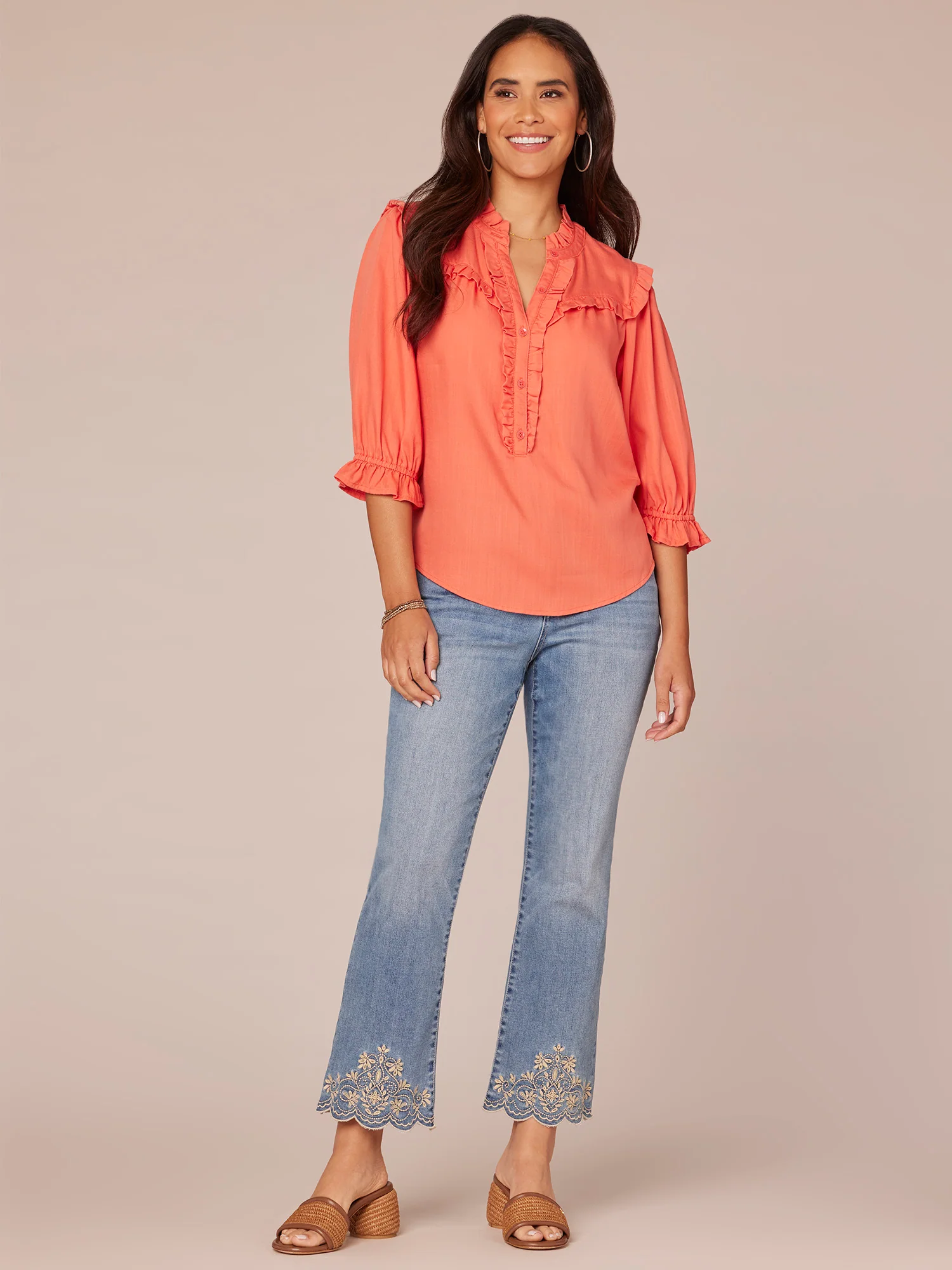 Elbow Lantern Sleeve Split V-Neck Ruffle Edge Placket Woven Shirt - Legahigh